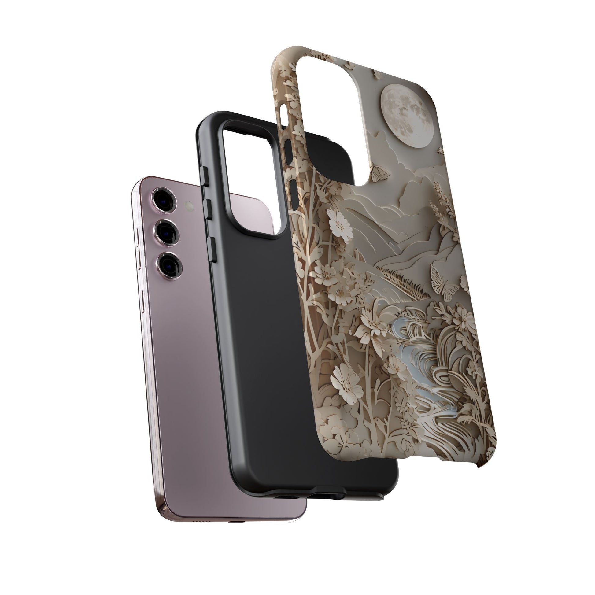 Moonlit Garden - Elegant Neutral Floral Samsung Galaxy S23 Plus Tough Phone Case - Painterly Botanical & Moon Design