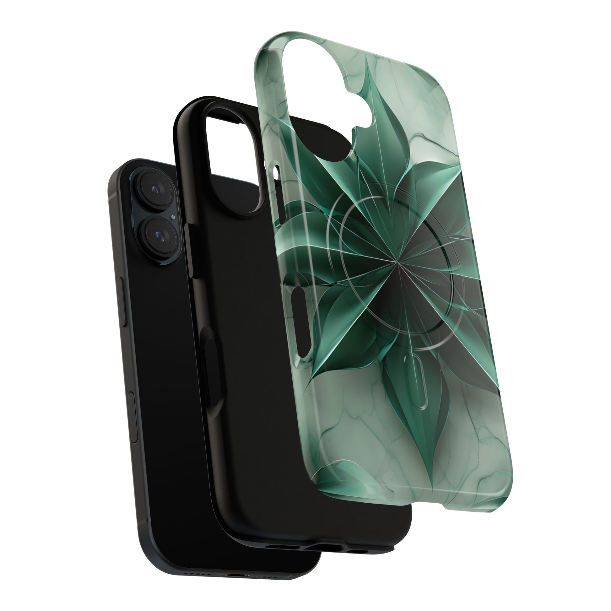 Emerald Bloom iPhone 16 MagSafe Phone Case -Modern Symmetrical Floral Design, Green