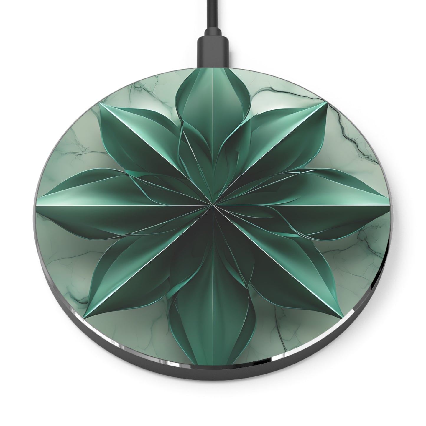 Emerald Bloom green floral geometric decorative Qi wireless charger with emerald leaf mandala design
