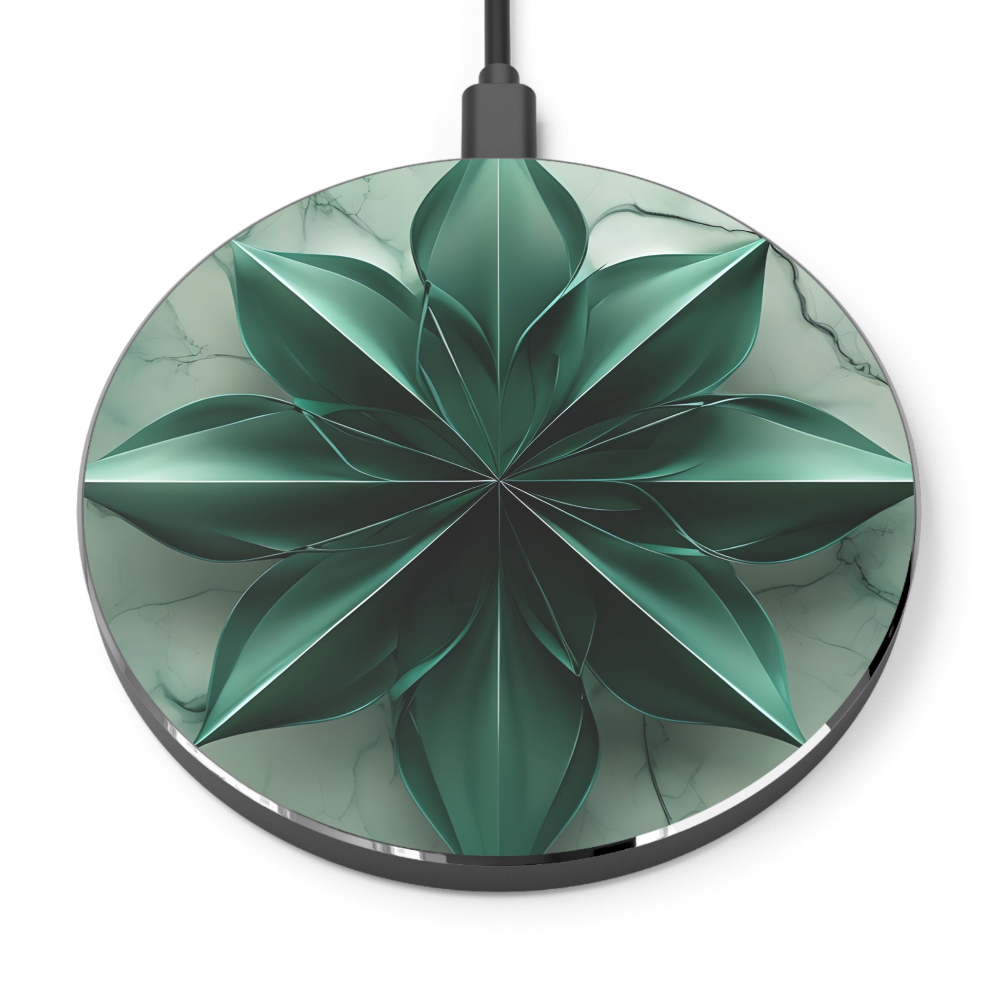 Emerald Bloom green floral geometric decorative Qi wireless charger with emerald leaf mandala design