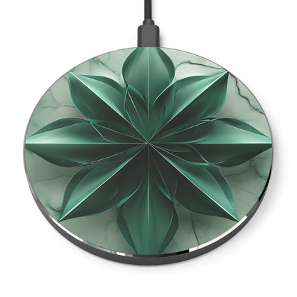 Emerald Bloom green floral geometric decorative Qi wireless charger with emerald leaf mandala design