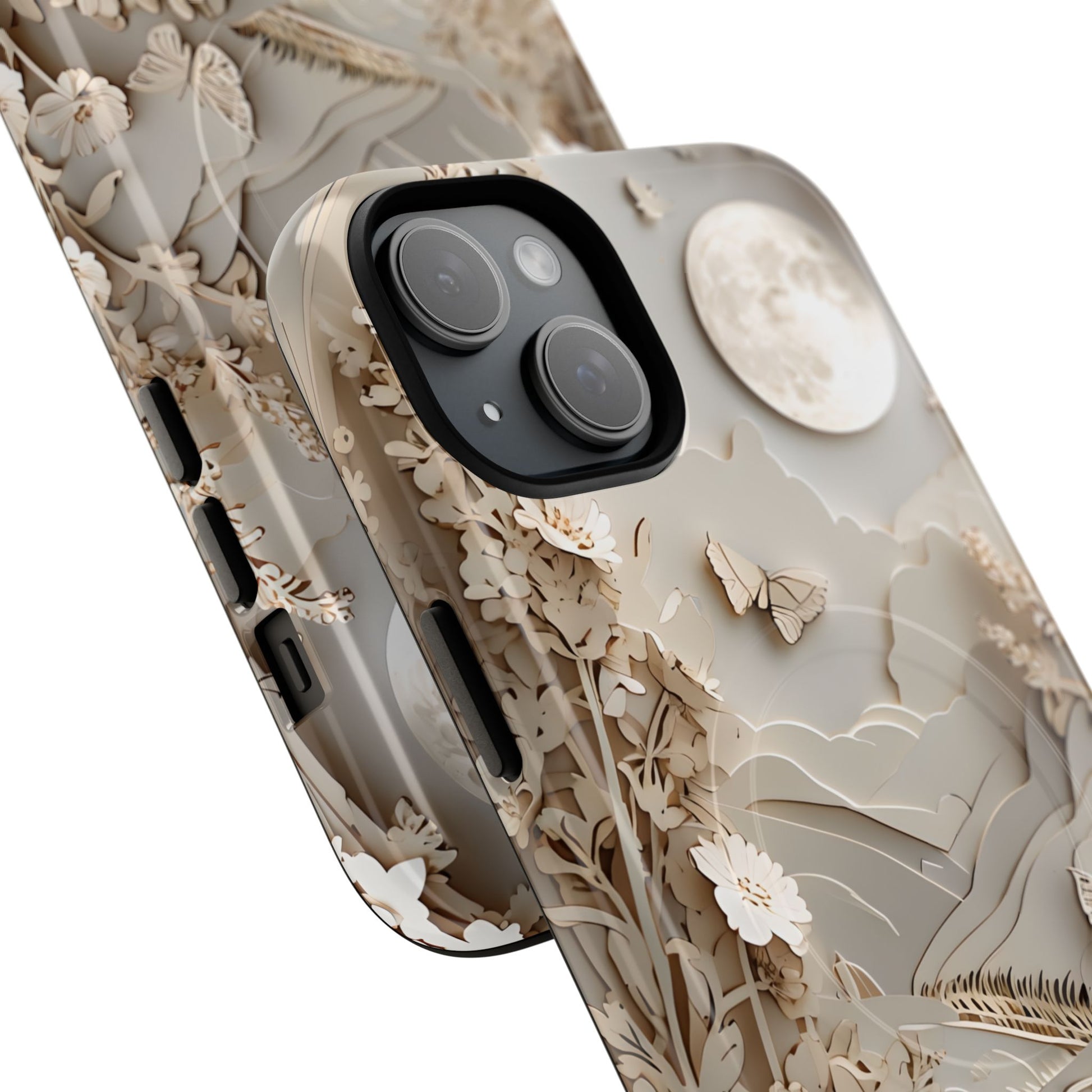 Moonlit Garden - Elegant Neutral Floral iPhone 15 Plus MagSafe Phone Case - Painterly Botanical & Moon Design