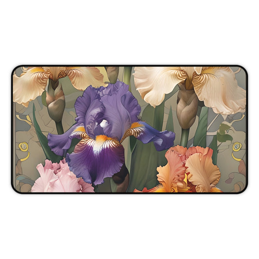 Iris Reverie desk mat featuring colorful iris flower bouquet artwork