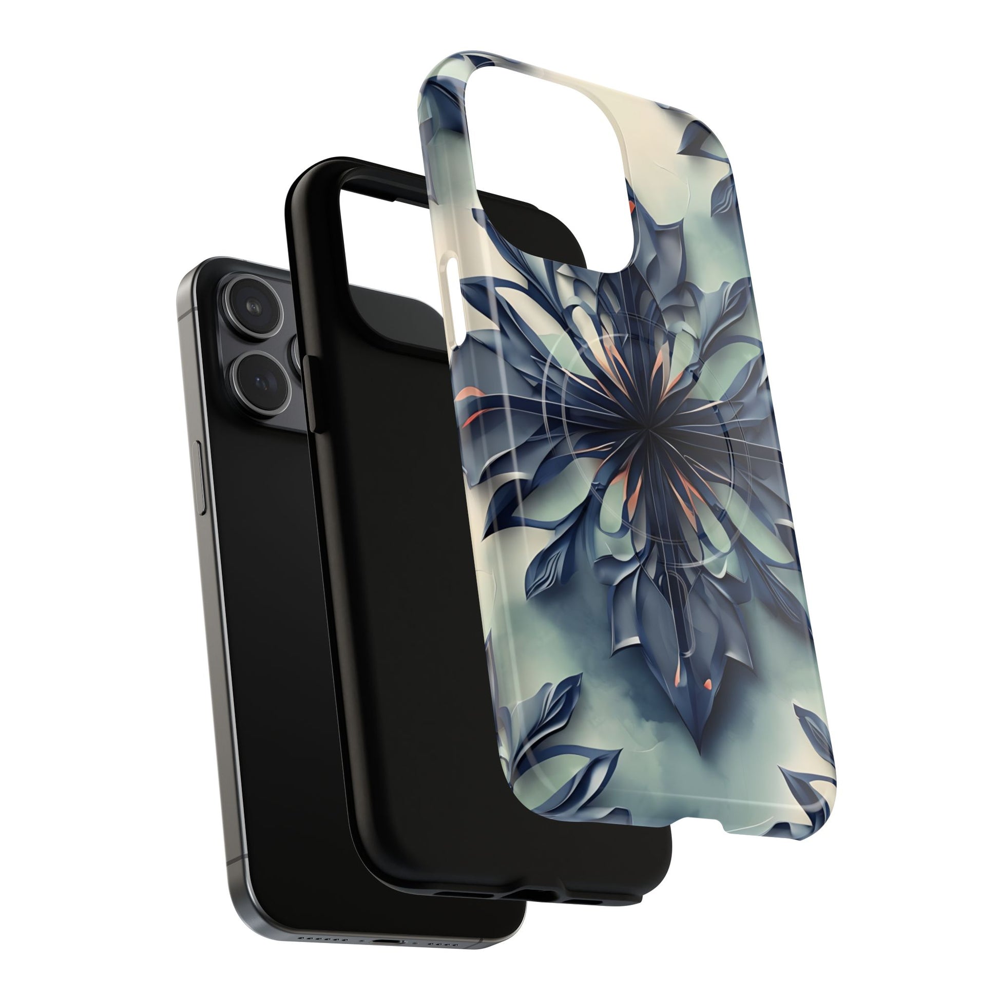 Frosted Indigo Bloom - Artistic Kaleidoscope Collection Artistic Floral - iPhone 15 Pro Max MagSafe Phone Case -Blue Symmetrical Design