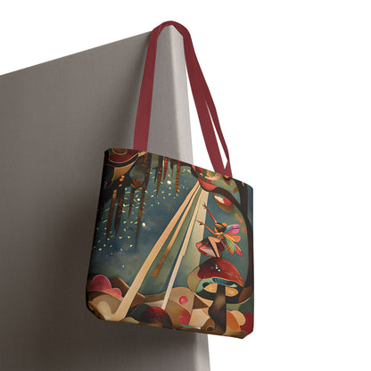 Enchanted Orchard canvas tote bag hanging with charming orchard scene illustration