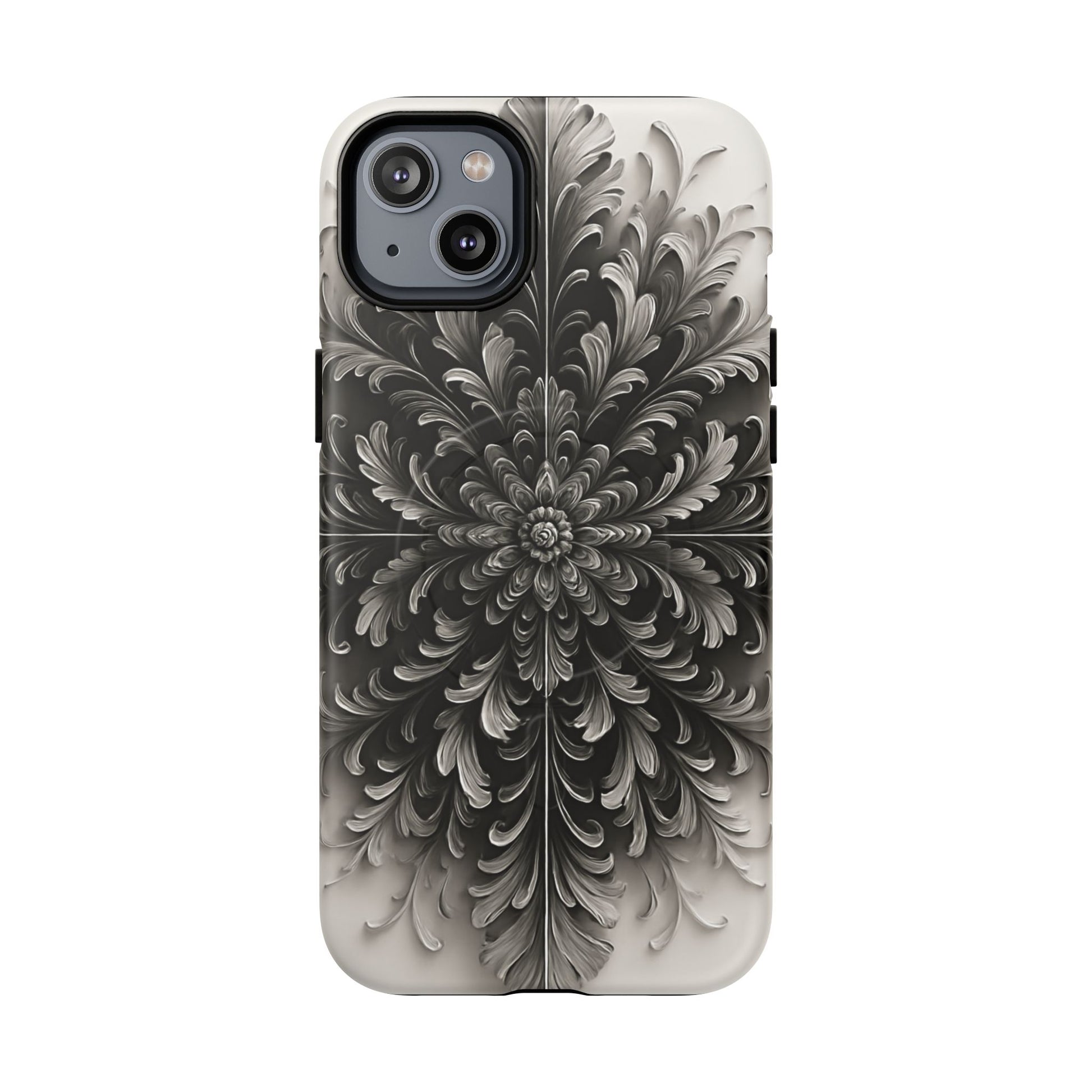 Obsidian Bloom - Elegant Black & White iPhone 14 Plus MagSafe Phone Case - Intricate Mandala Flower Design