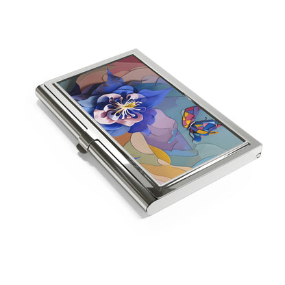 Blue Columbine Carnivale columbine flower and butterfly business card holder closed angled view