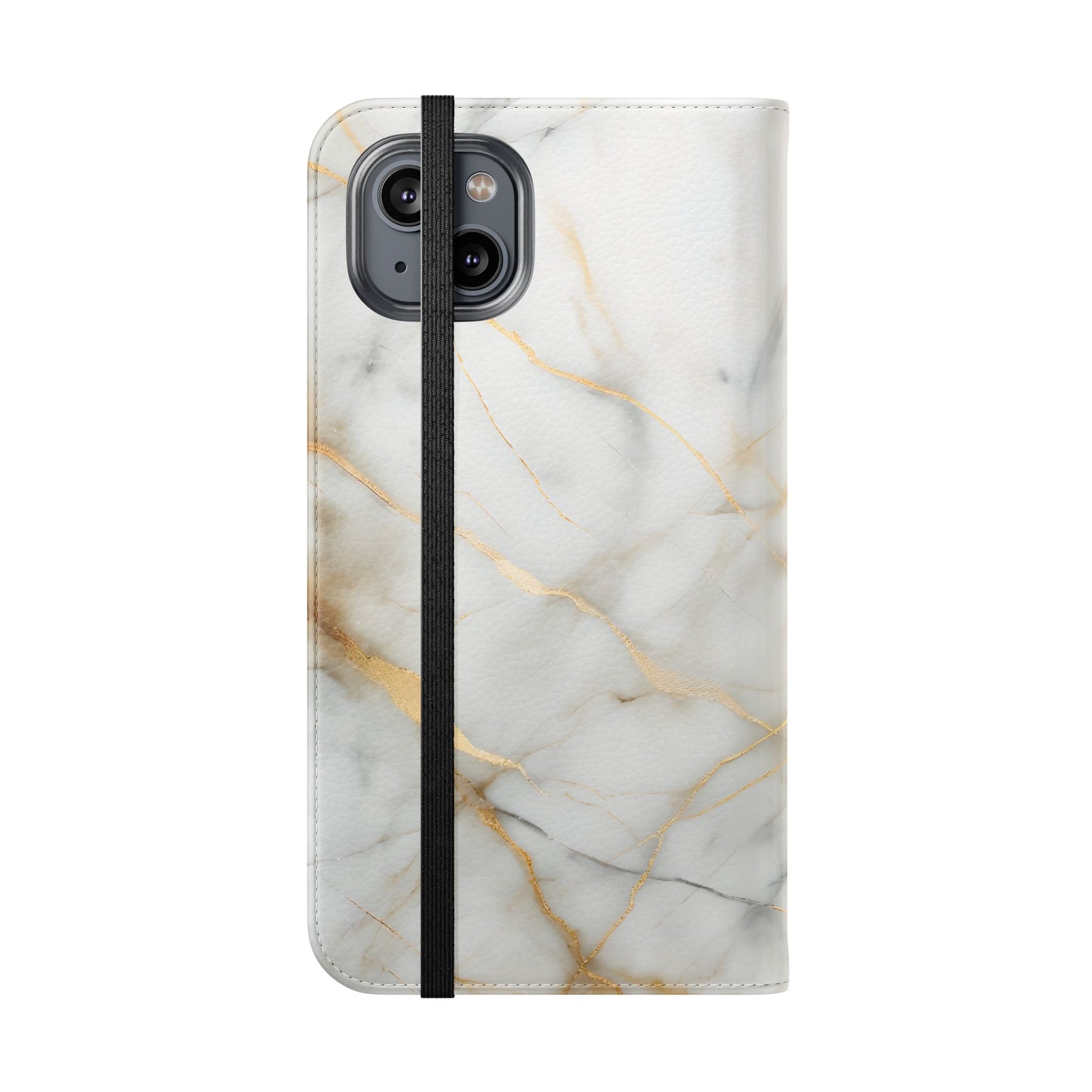 Golden Vein Wallet Phone Case - Gold & White Marble Design - Flip Cover for iPhone 14 Plus