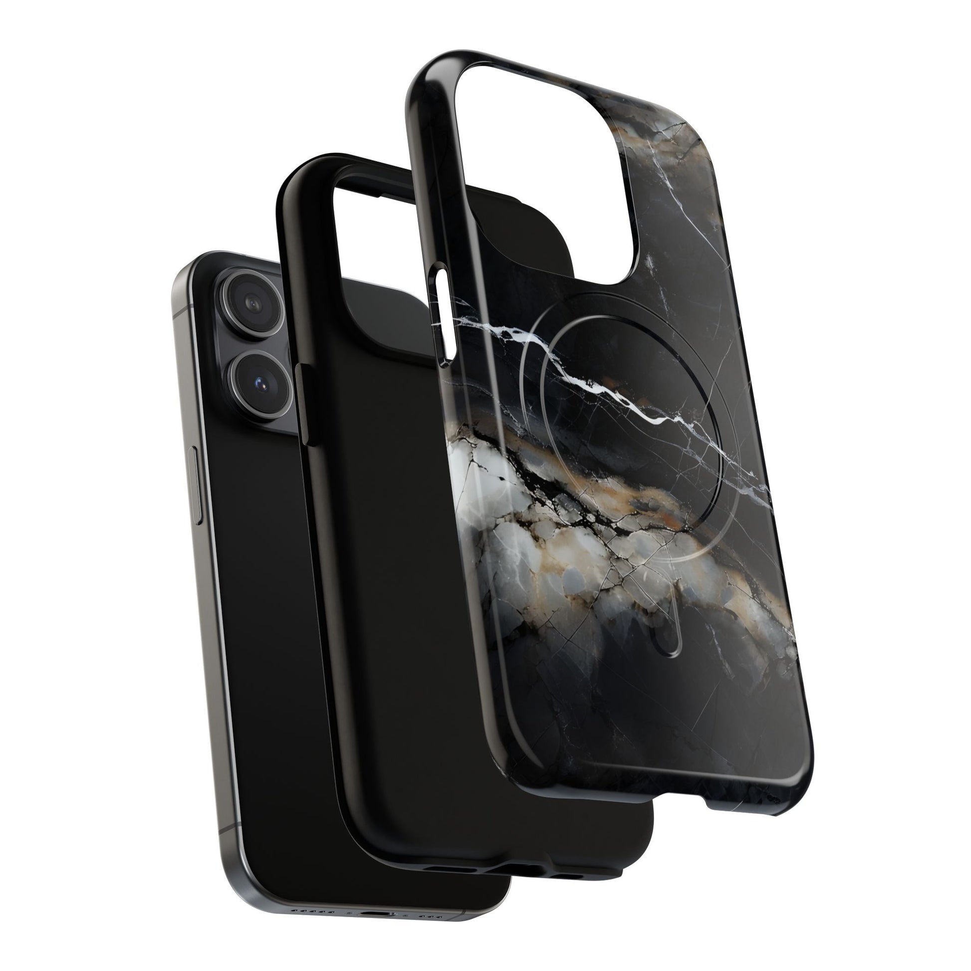 Obsidian Vein iPhone 15 Pro MagSafe Phone Case -Black Neutral Marble Design