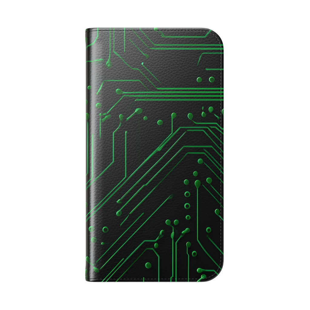 Green Circuit Grid Wallet Phone Case - Green & Black Computer Circuit Design - Flip Cover for iPhone 16 Pro