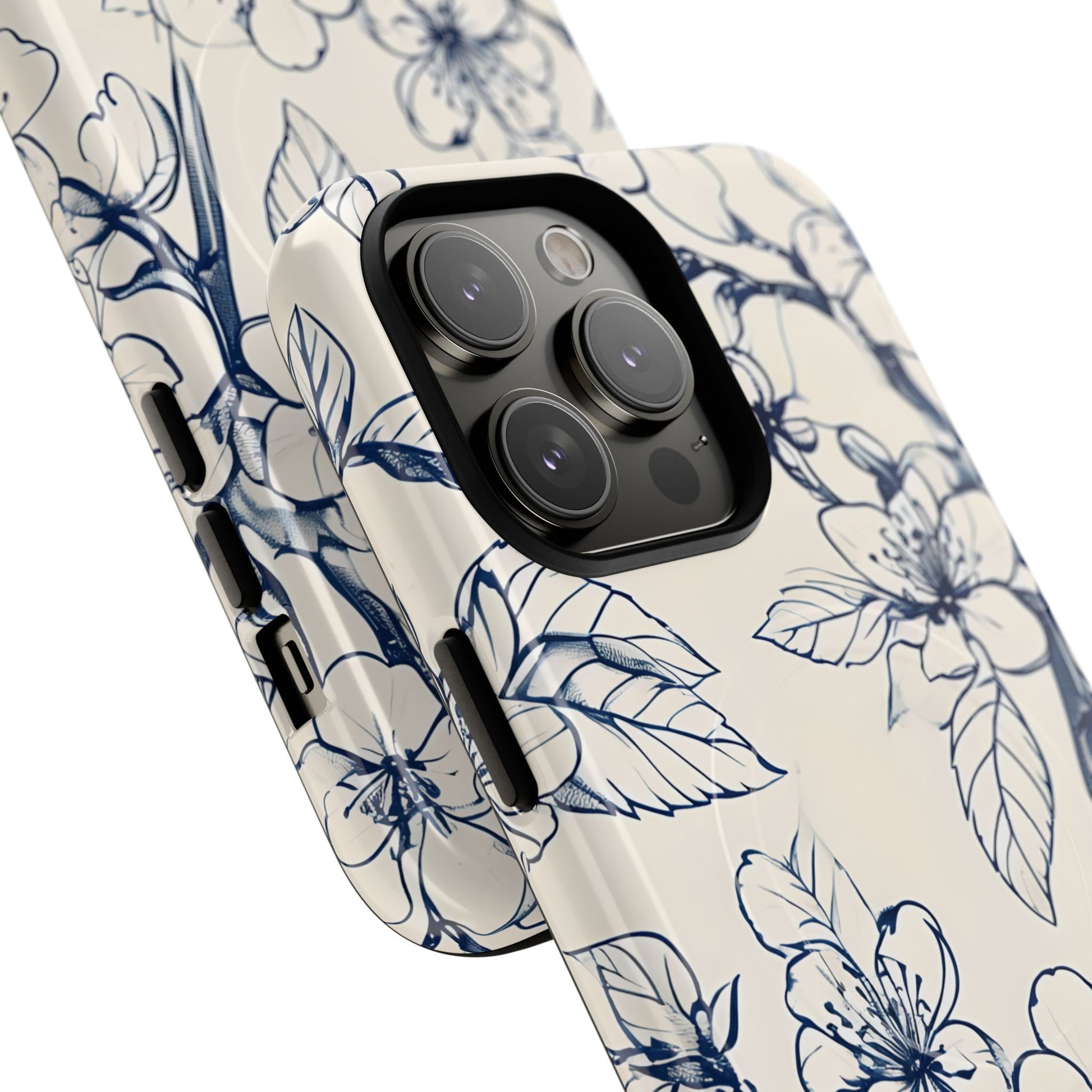Blossom Sketch - Artistic Blue Floral - iPhone 14 Pro Max MagSafe Phone Case - Hand-Drawn Botanical Design