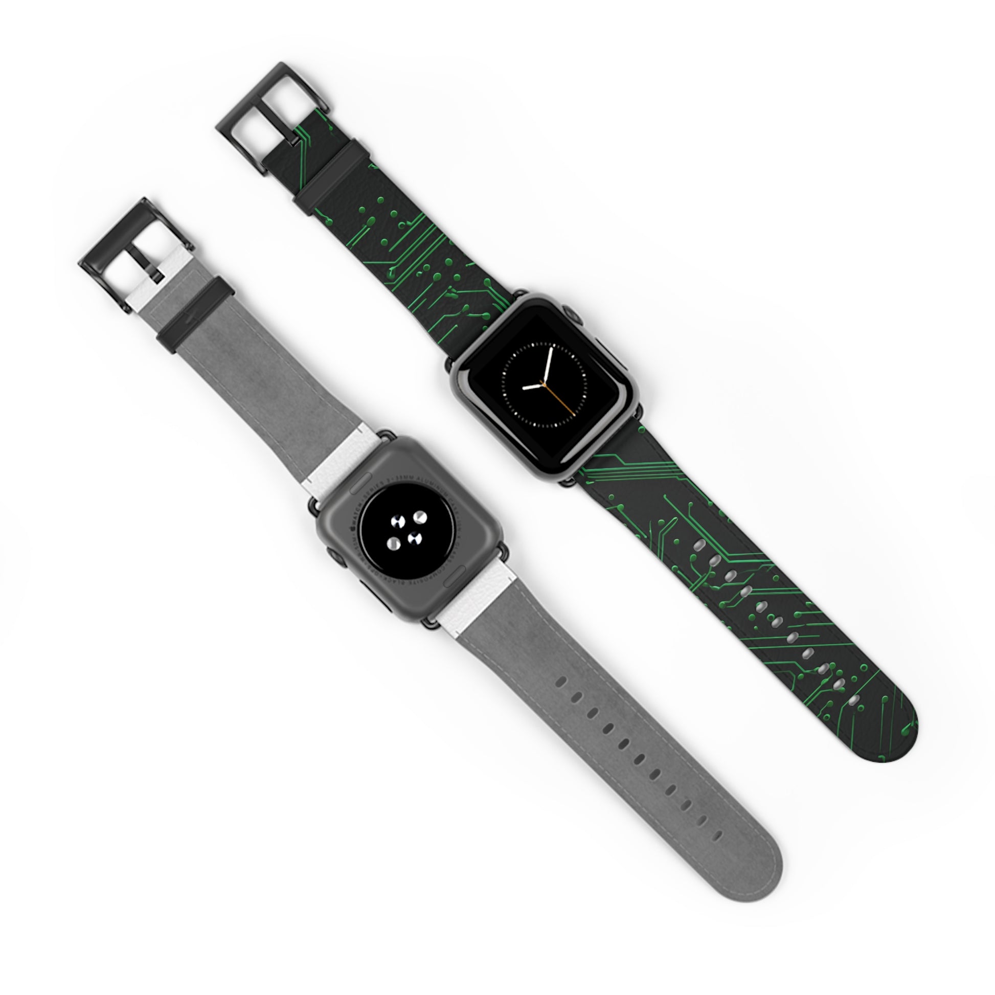 Green Circuit Grid Apple Watch bands shown on two watches front and back highlighting electronic circuit board design