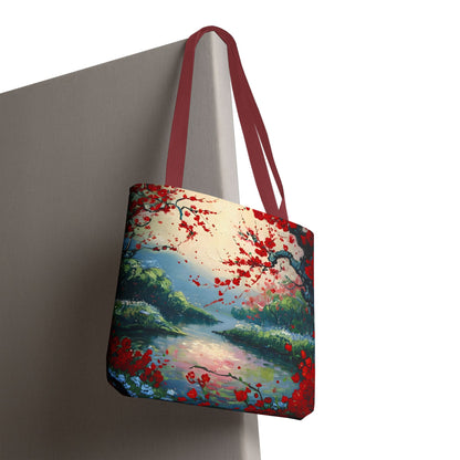Crimson Blossom Lake canvas tote bag hanging with crimson blossom landscape artwork
