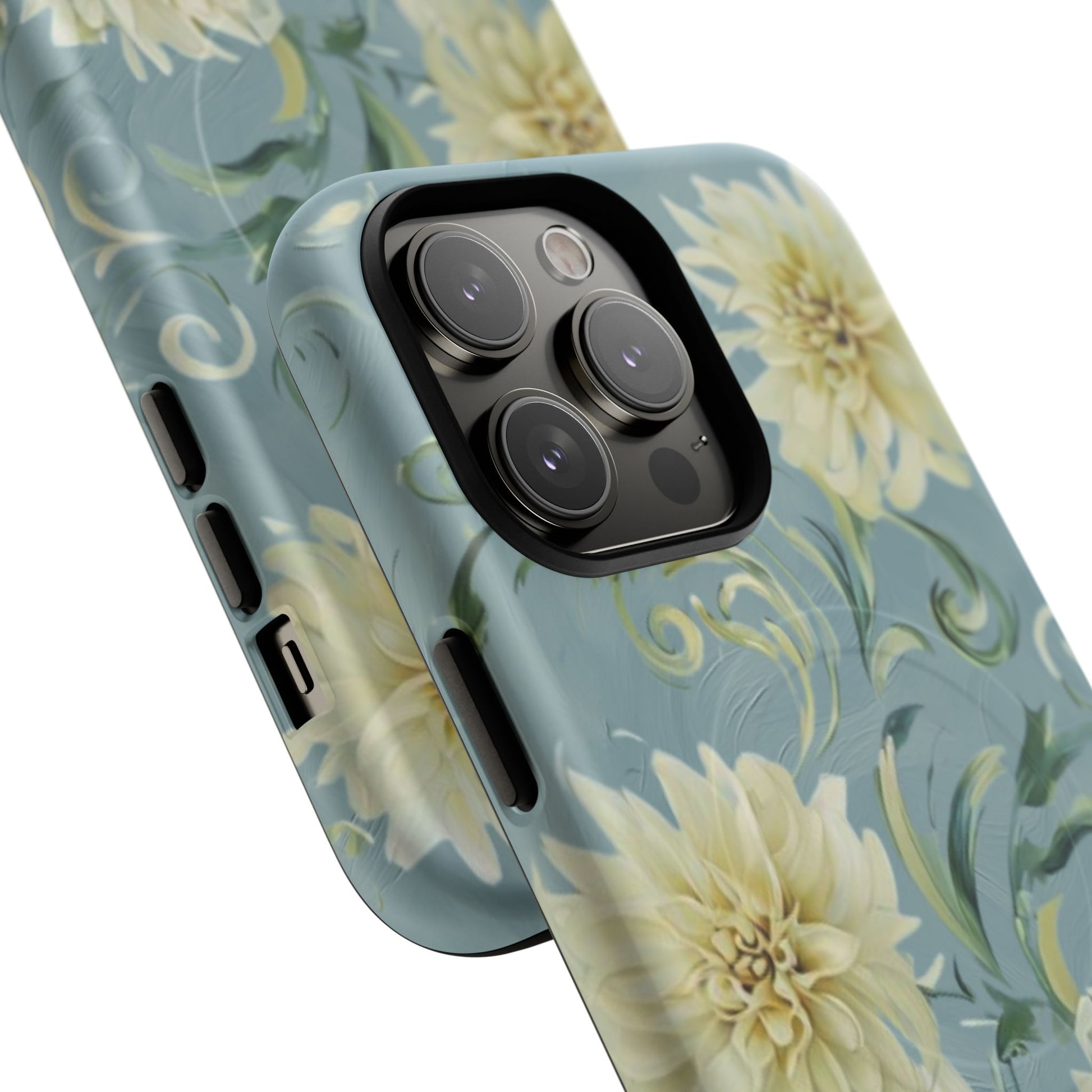 Golden Dahlia Trio - Elegant Floral iPhone 14 Pro Max MagSafe Phone Case - Artistic White & Blue Dahlia Design