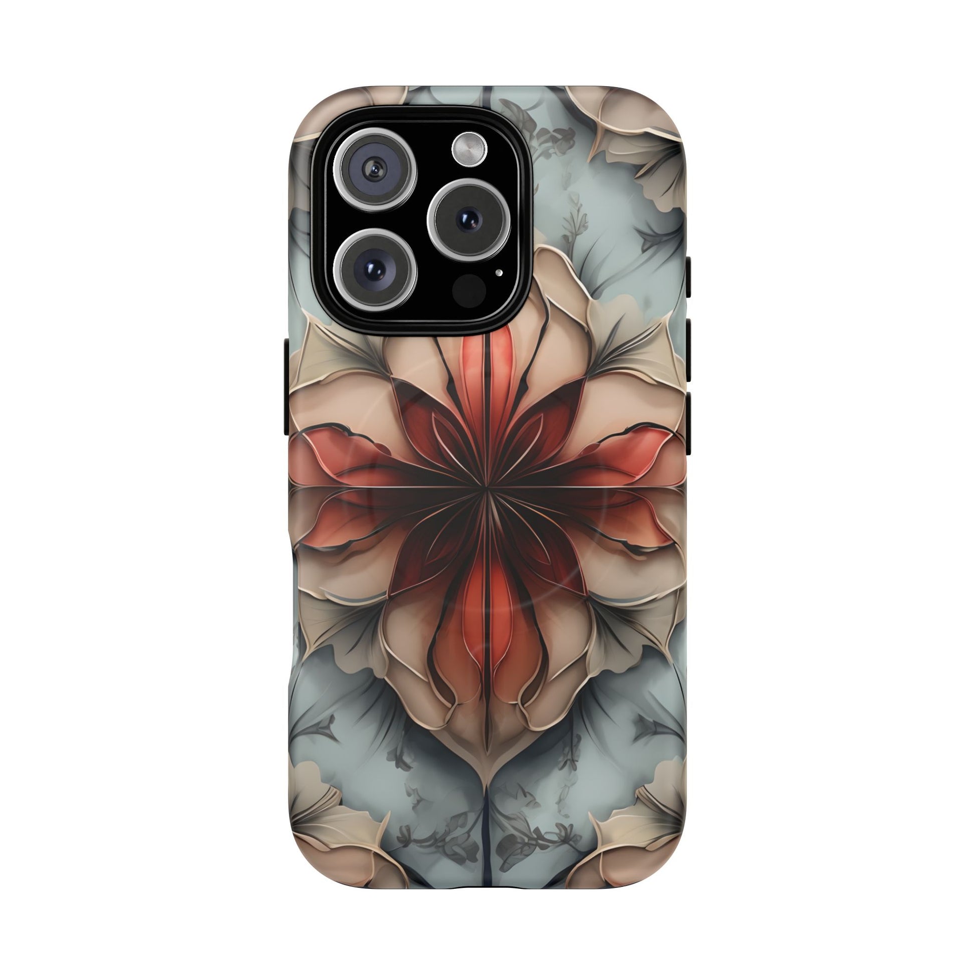 Ember Bloom - Kaleidoscope Collection Artistic Floral iPhone 16 Pro MagSafe Phone Case - Fiery Symmetrical Design