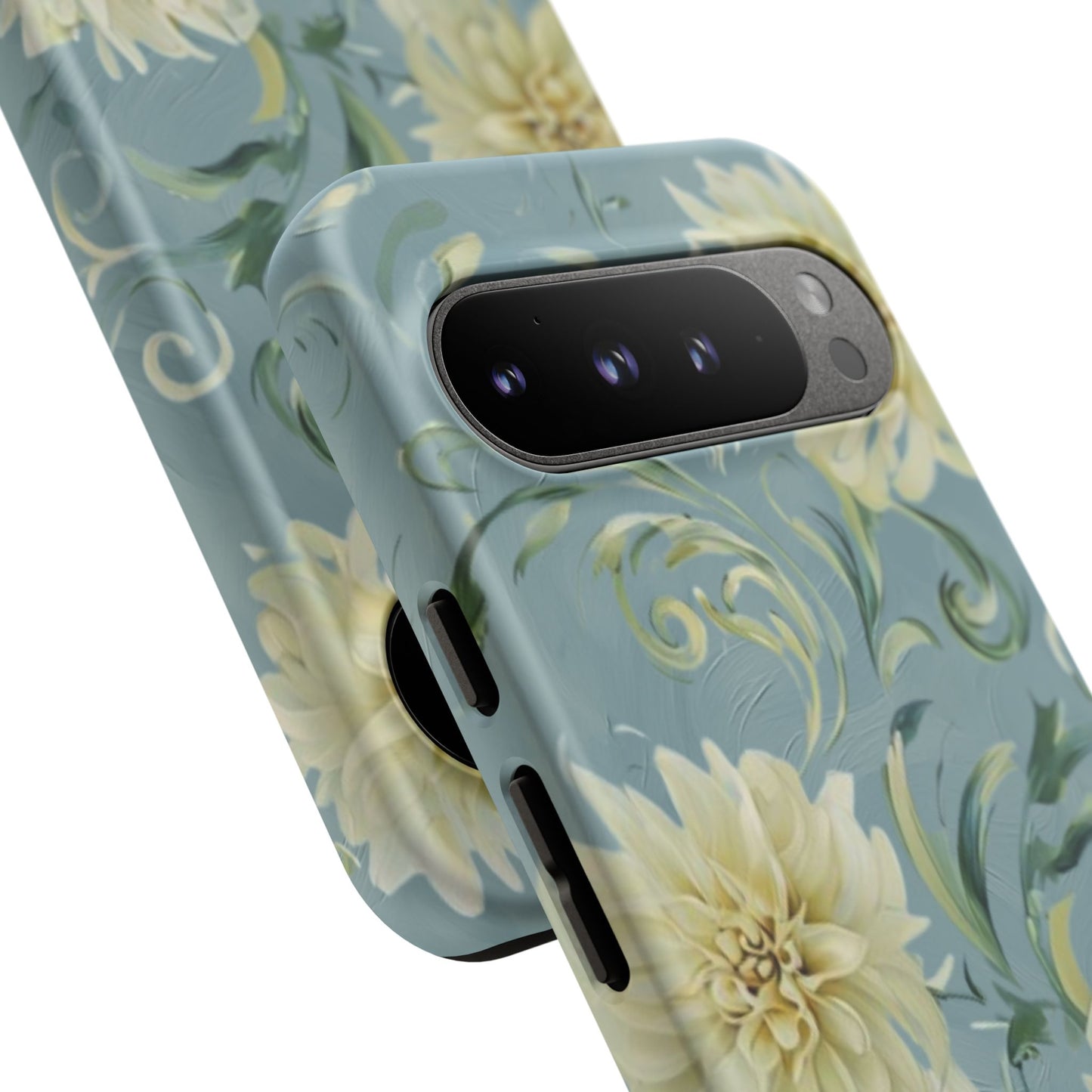 Golden Dahlia Trio - Elegant Floral Google Pixel Tough Phone Case - Artistic White & Blue Dahlia Design