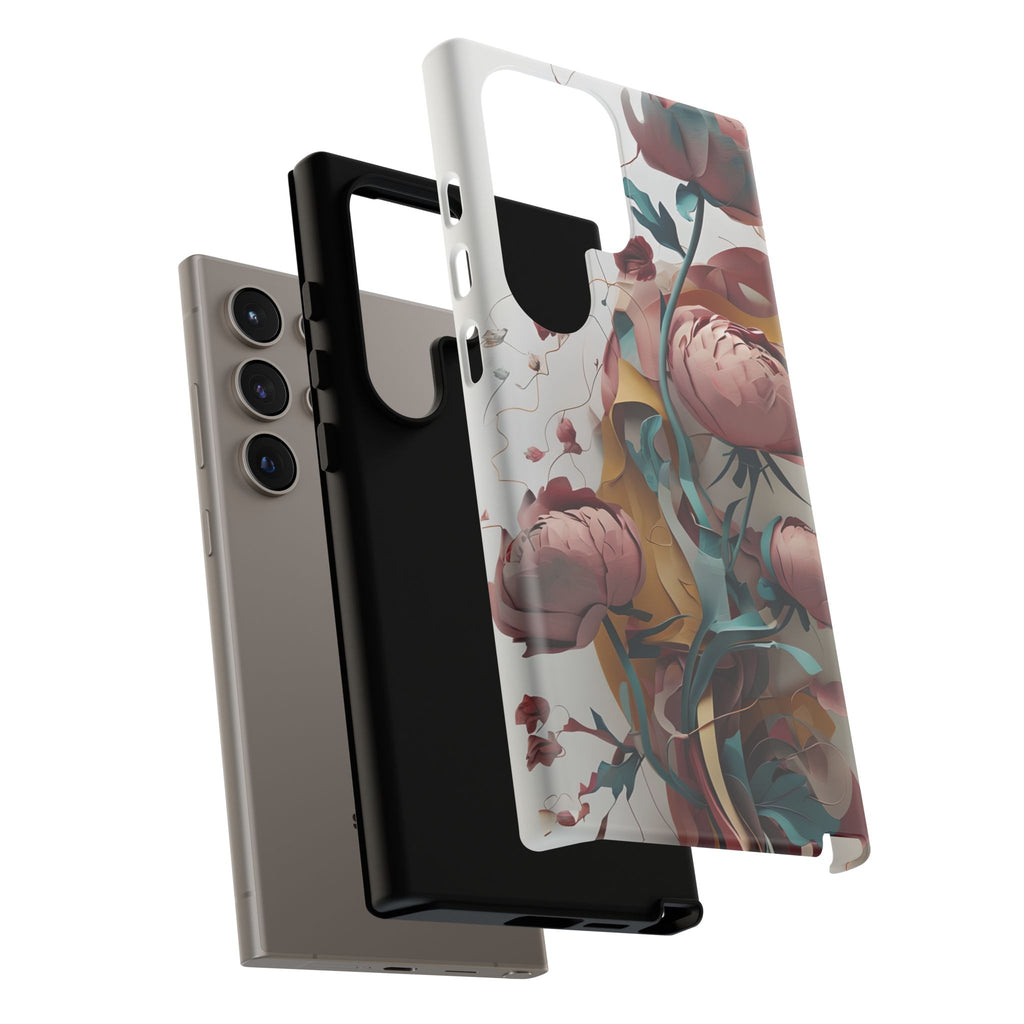 Blushing Peony Veil - Elegant Painterly Floral Samsung Galaxy S24 Ultra Tough Phone Case - Soft Blush & Teal Peony Design