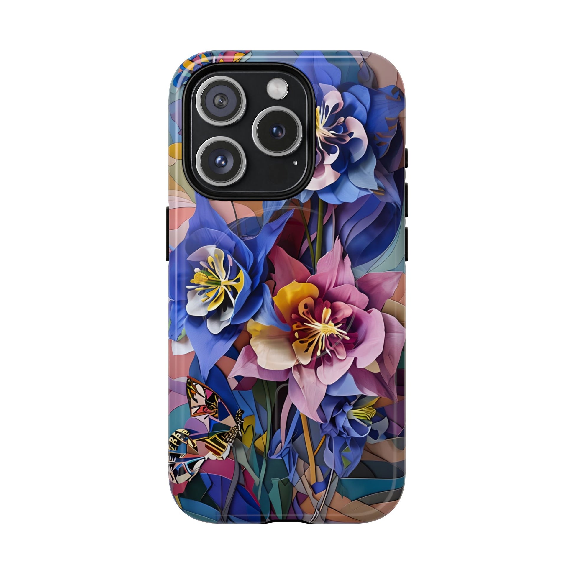 Blue Columbine Carnivale - Artistic Floral & Butterfly iPhone 15 Pro MagSafe Phone Case - Vibrant Botanical Design
