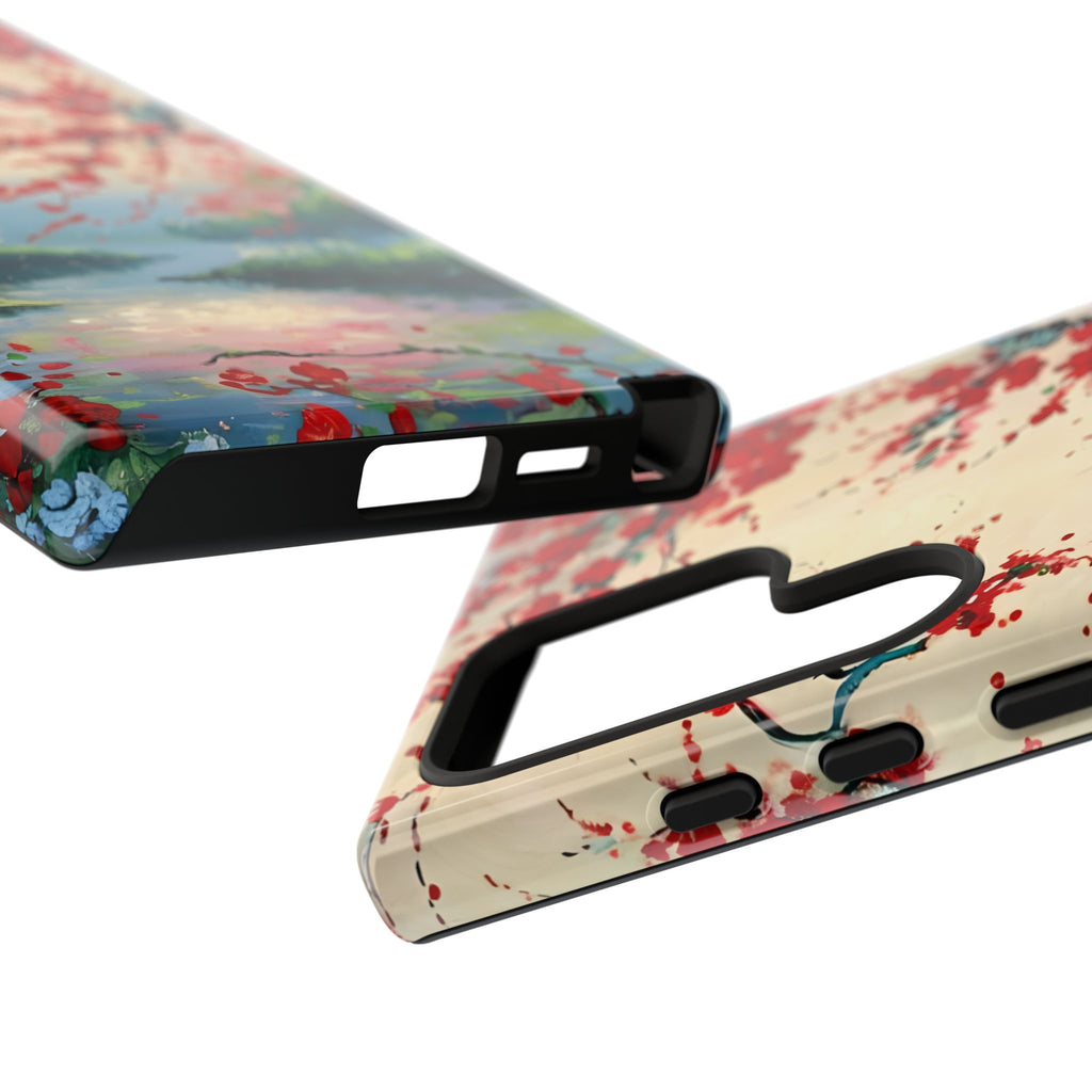 Crimson Blossom Lake - Artistic Floral Landscape Samsung Galaxy S24 Ultra Tough Phone Case - Red Cherry Blossoms & Serene Lake Design