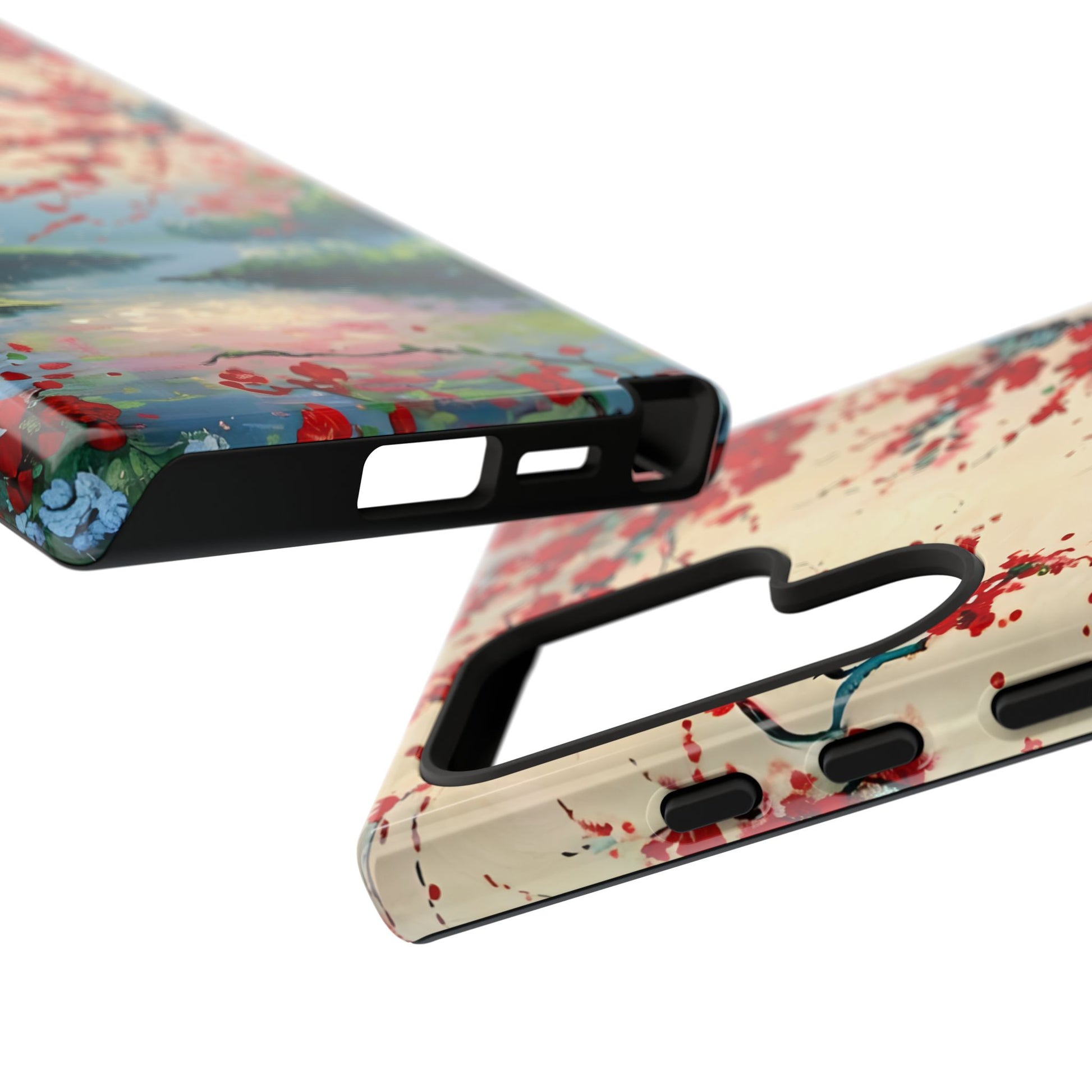 Crimson Blossom Lake - Artistic Floral Landscape Samsung Galaxy S24 Ultra Tough Phone Case - Red Cherry Blossoms & Serene Lake Design