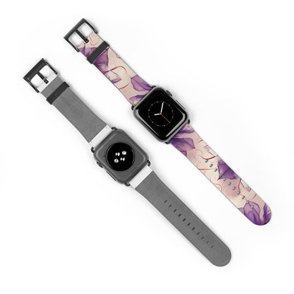 Violet Reverie Apple Watch bands shown on two watches front and back highlighting lavender and violet floral artwork