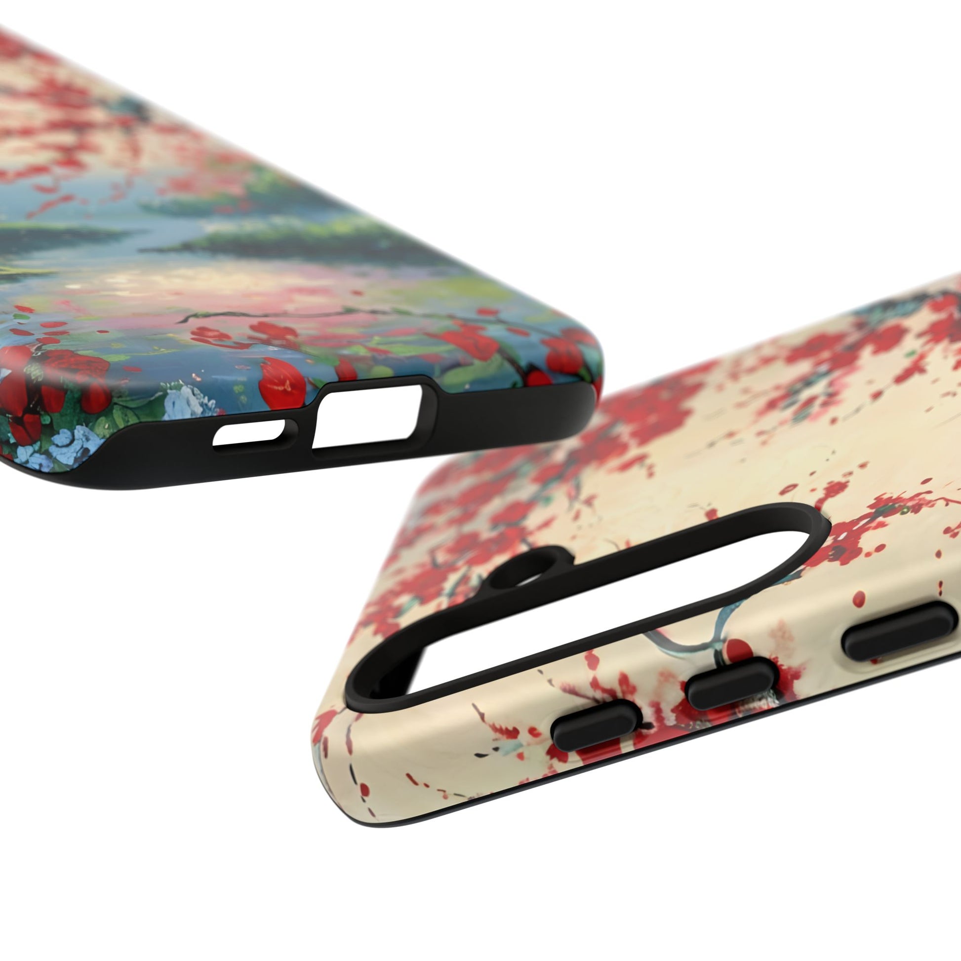 Crimson Blossom Lake - Artistic Floral Landscape Samsung Galaxy S24 Plus Tough Phone Case - Red Cherry Blossoms & Serene Lake Design