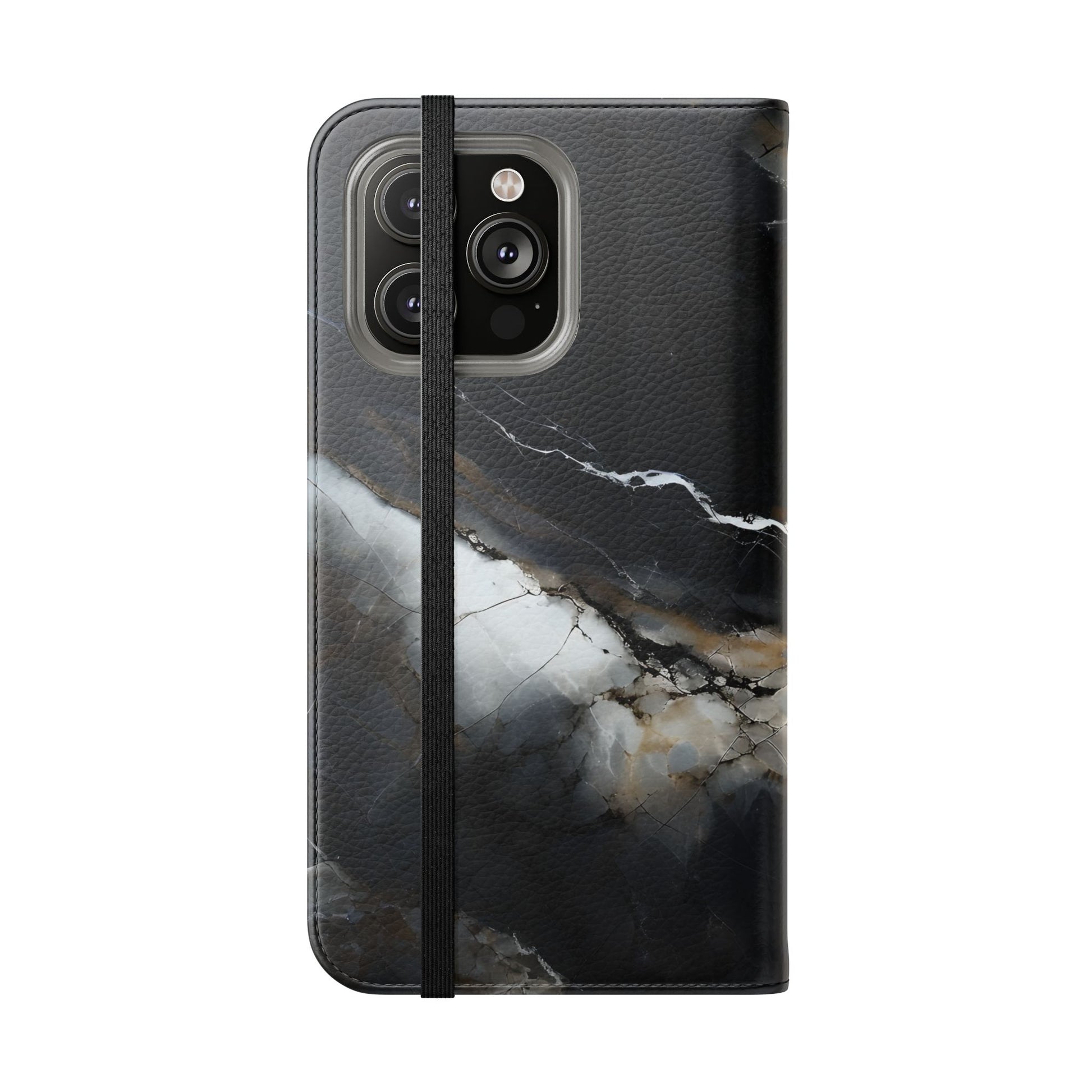 Obsidian Vein Wallet Phone Case - Black & White Marble - Flip Cover for iPhone 14 Pro Max