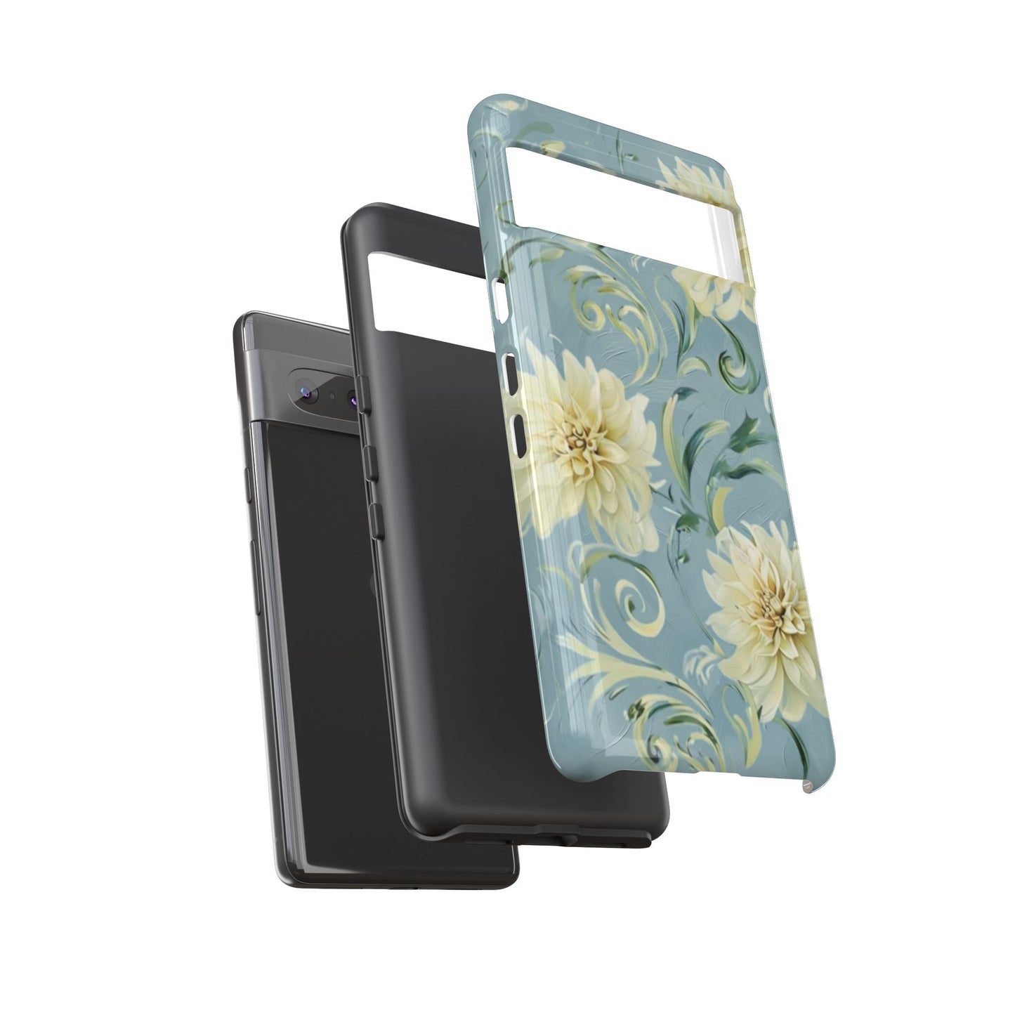 Golden Dahlia Trio - Elegant Floral Google Pixel Tough Phone Case - Artistic White & Blue Dahlia Design