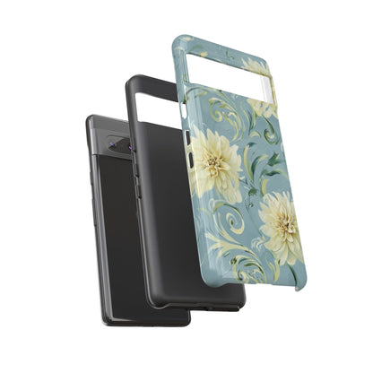 Golden Dahlia Trio - Elegant Floral Google Pixel Tough Phone Case - Artistic White & Blue Dahlia Design