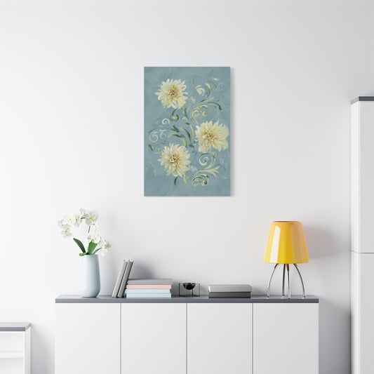 Golden Dahlia Trio wall art canvas displayed above a modern white console table in a bright living room