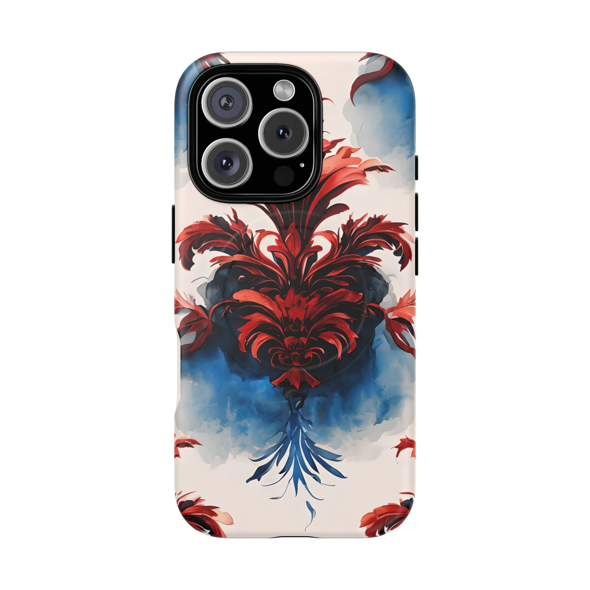 Crimson Plume - Bold Artistic Feather iPhone 16 Pro MagSafe Phone Case - Dramatic Red & Blue Design