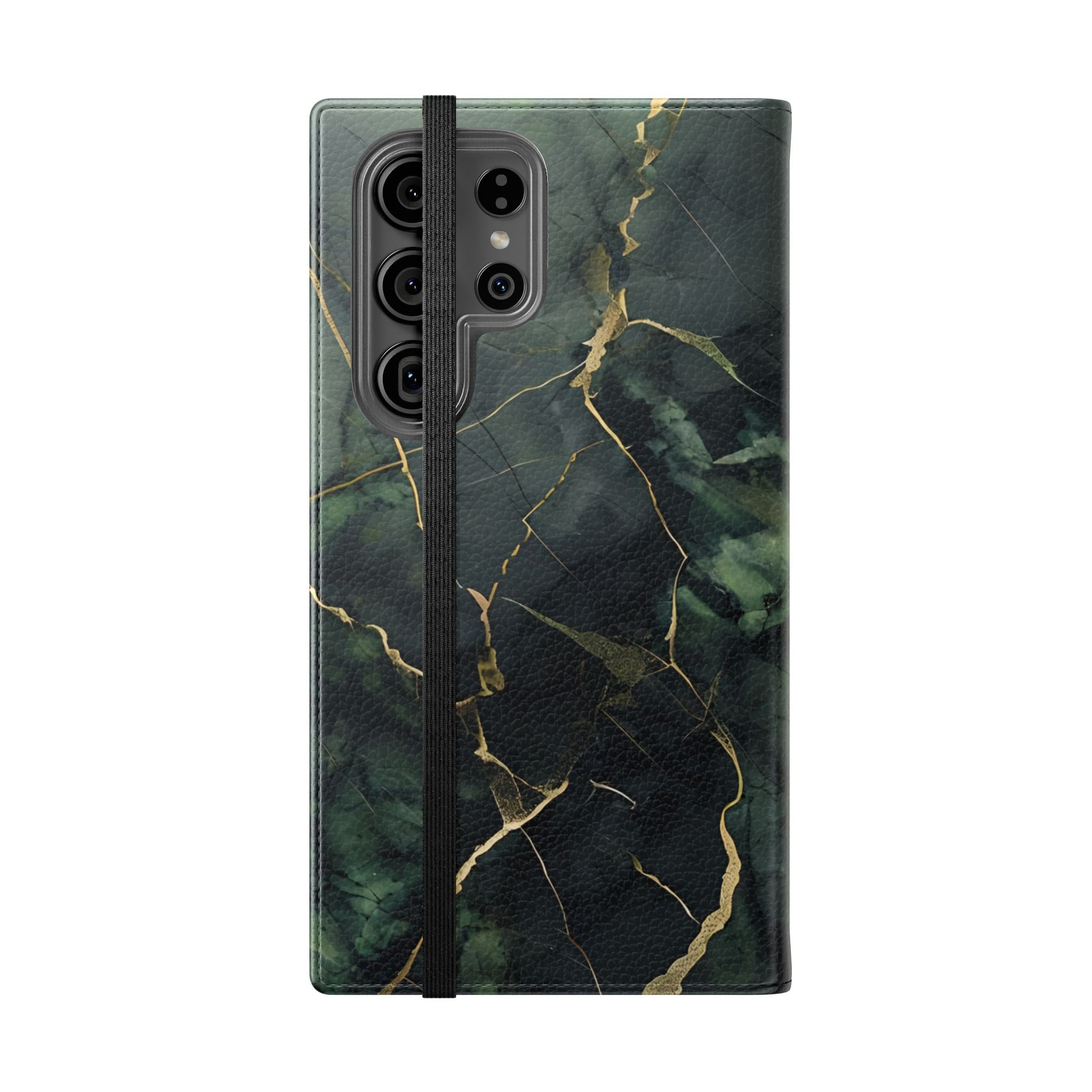 Verdant Vein - Flip Phone Case for Samsung Galaxy S23 Ultra - Green and Gold Marble Design