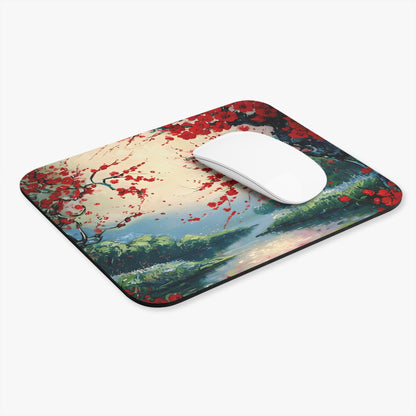 Crimson Blossom mouse pad in workspace with mouse showing blossom artwork