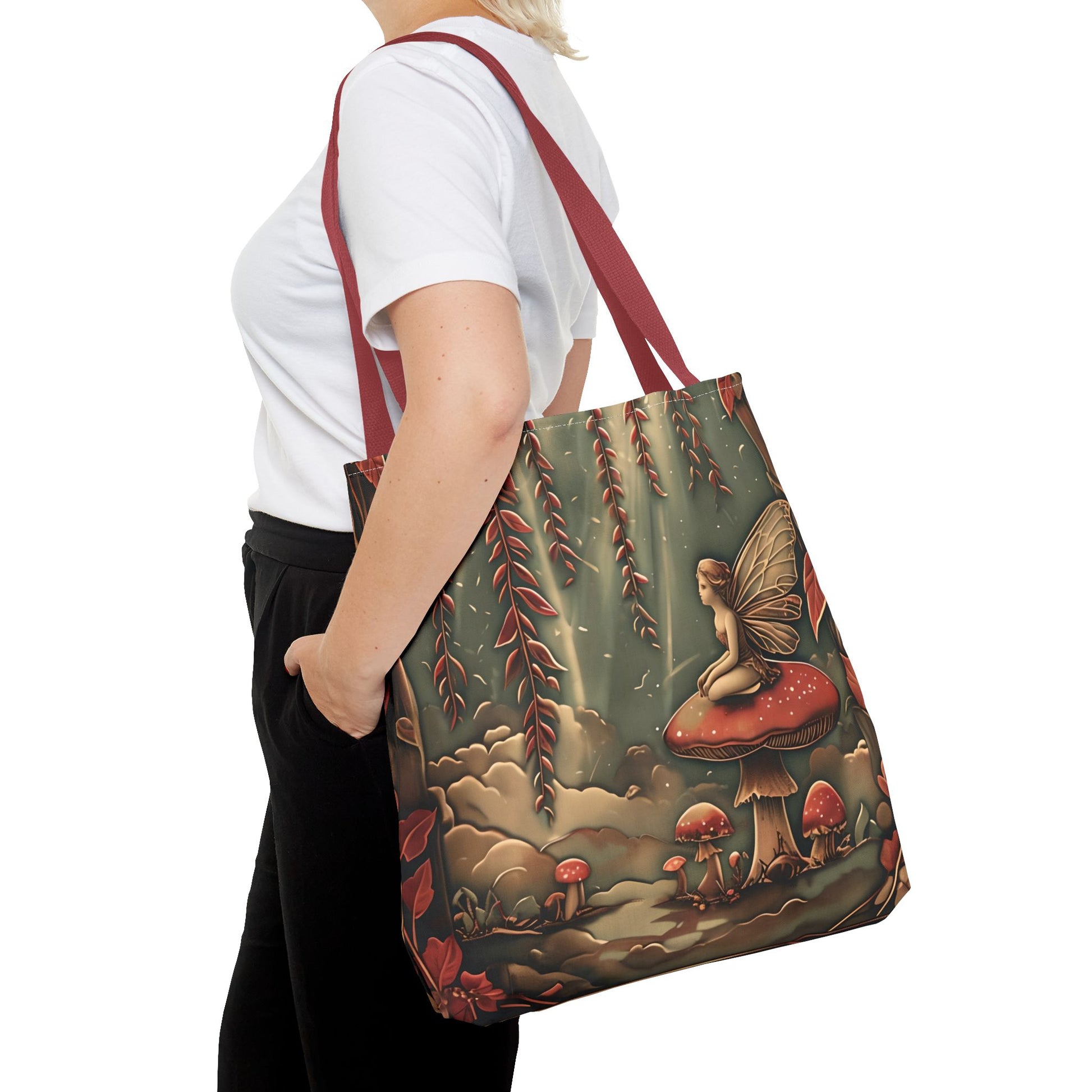 Willow Whisper Tote Bag (16x16 & 18x18)- Enchanted Woodland Scene with Red Handles, Reusable & Eco-Friendly Canvas