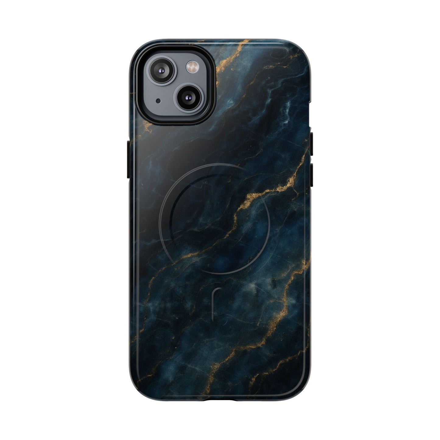 iPhone MagSafe case with dark navy marble design front view.
