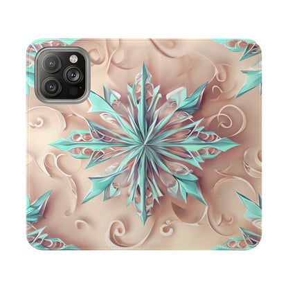 Frosted Petals iPhone Wallet Case - Soft Floral Kaleidoscope Design in Blush & Aqua