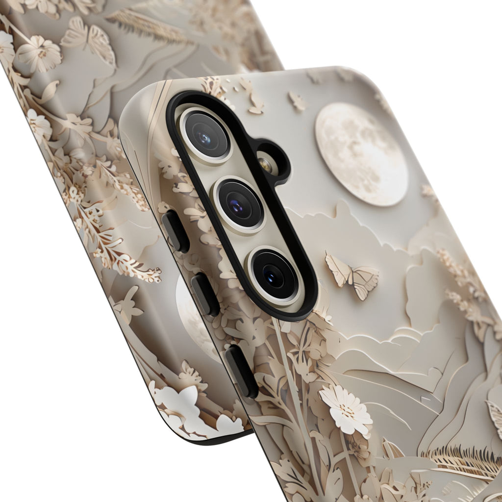 Moonlit Garden - Elegant Neutral Floral Samsung Galaxy S24 Plus Tough Phone Case - Painterly Botanical & Moon Design
