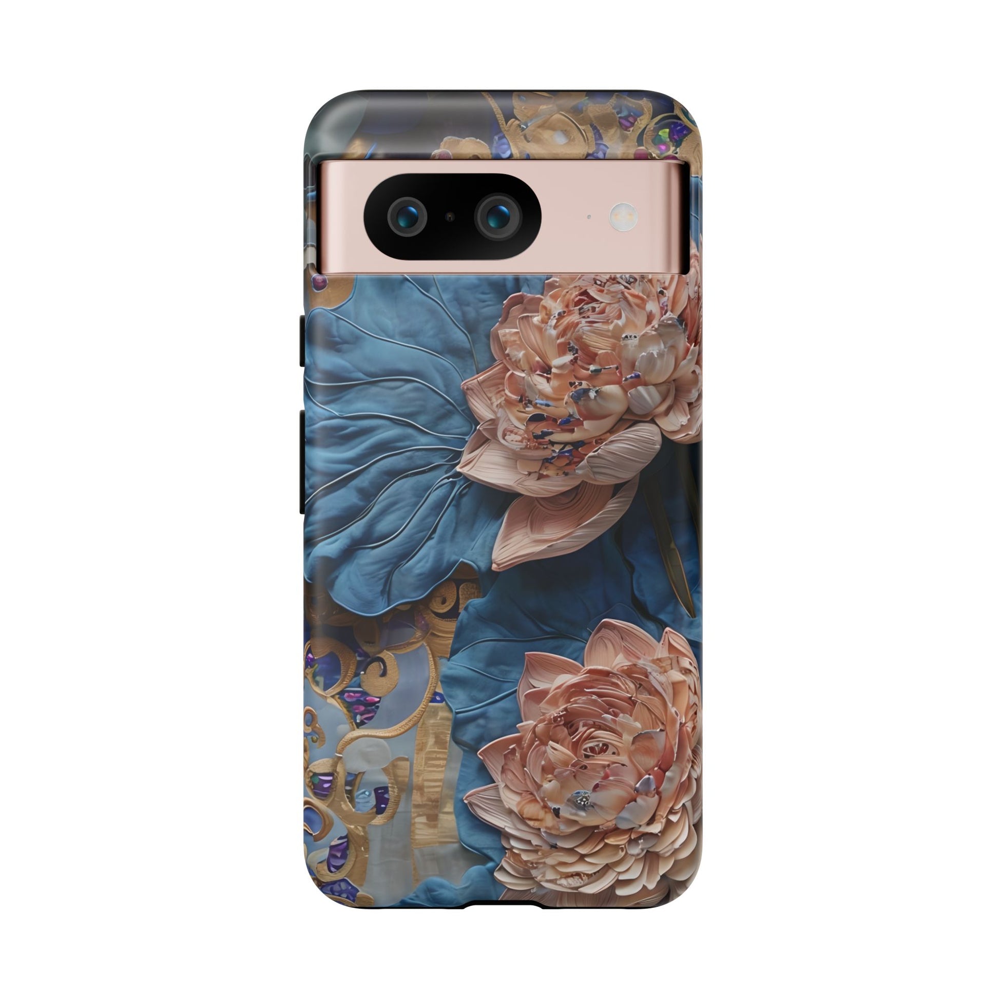 Peony Midnight Tapestry - Google Pixel 8 - Elegant Blue & Blush Artful Phone Cover