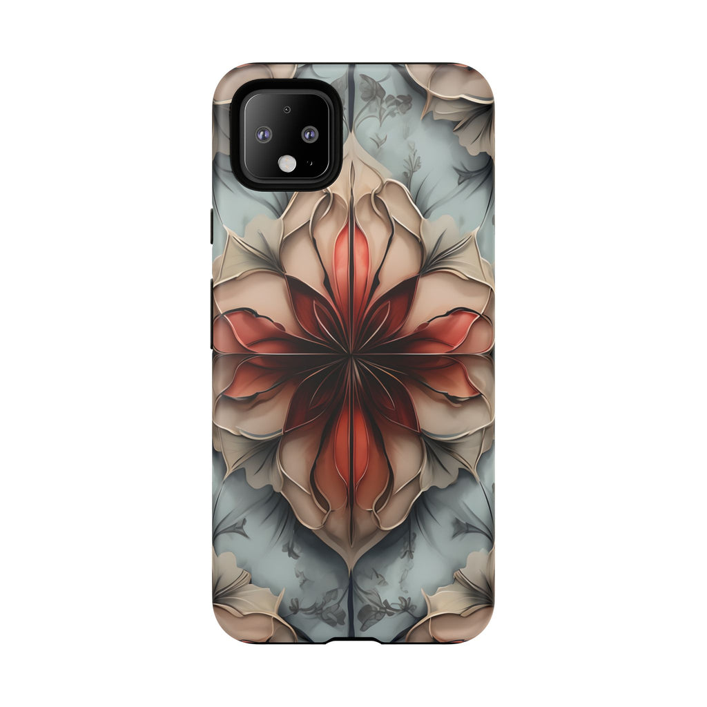 Ember Bloom - Kaleidoscope Collection Artistic Floral - Google Pixel 4 XL Tough Phone Case - Fiery Symmetrical Design