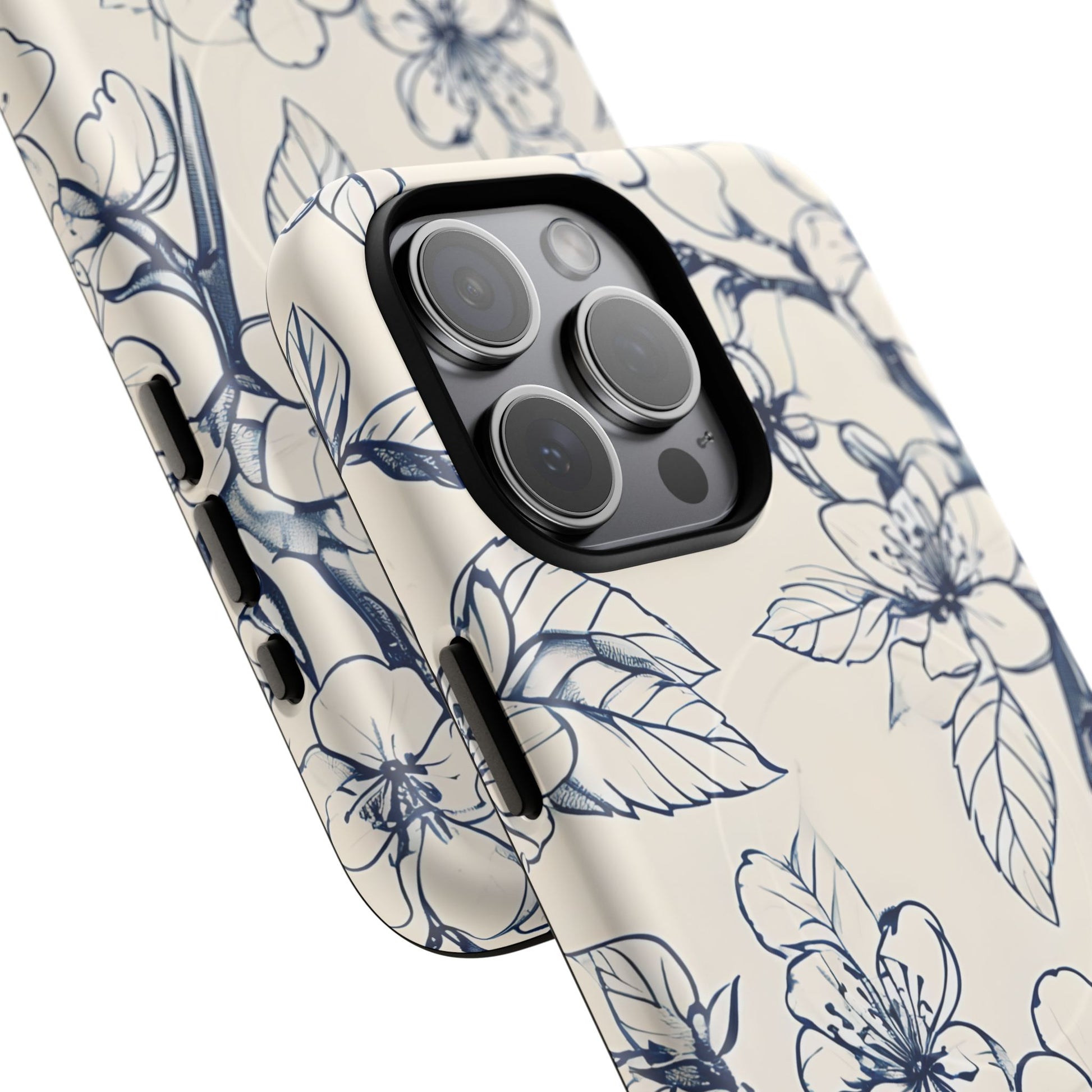 Blossom Sketch - Artistic Blue Floral - iPhone 15 Pro Max MagSafe Phone Case - Hand-Drawn Botanical Design
