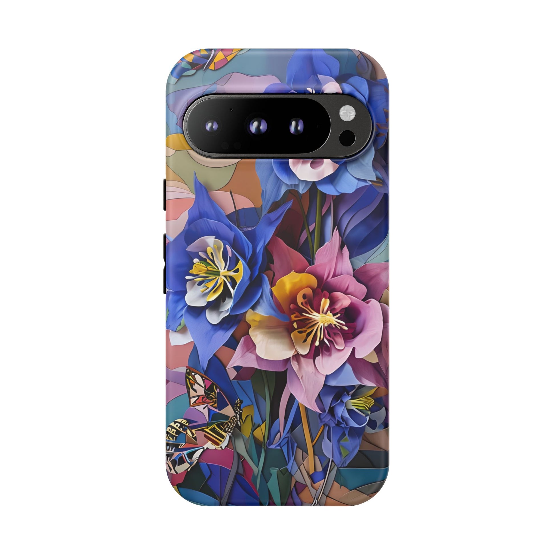 Blue Columbine Carnivale - Artistic Floral & Butterfly Google Pixel 9 Pro Tough Phone Case - Vibrant Botanical Design