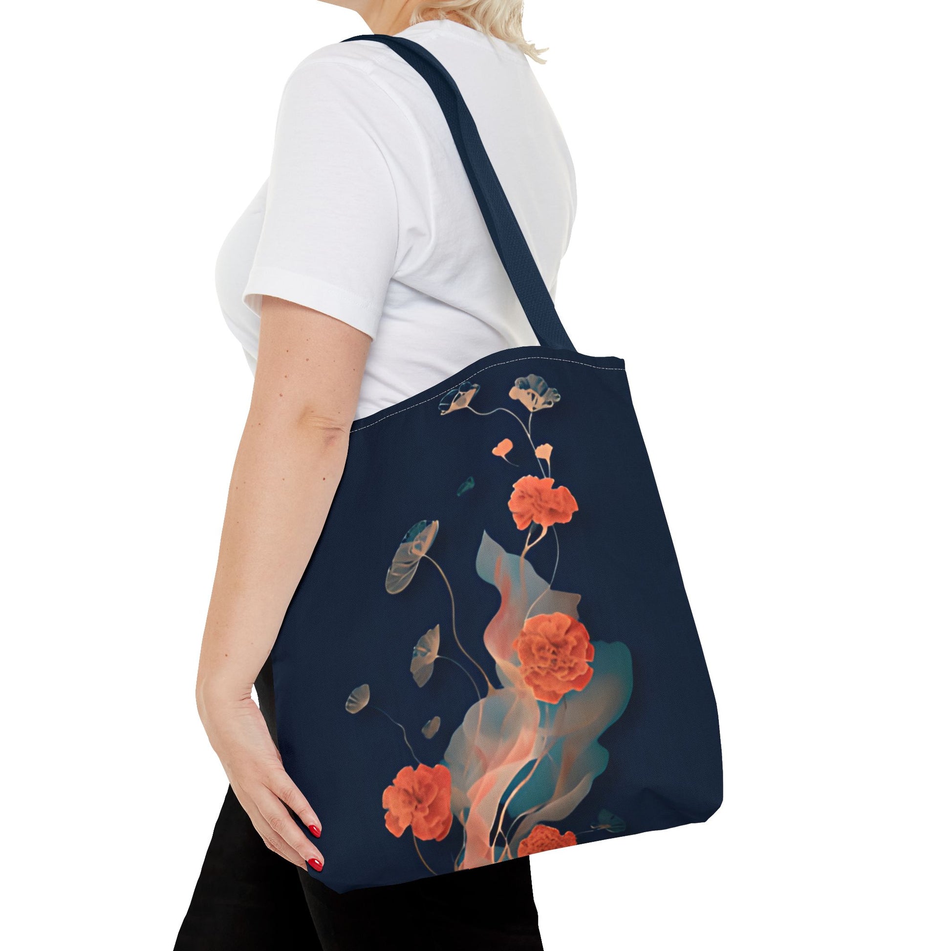 Lotus Reverie canvas tote bag worn over shoulder showing serene lotus floral design