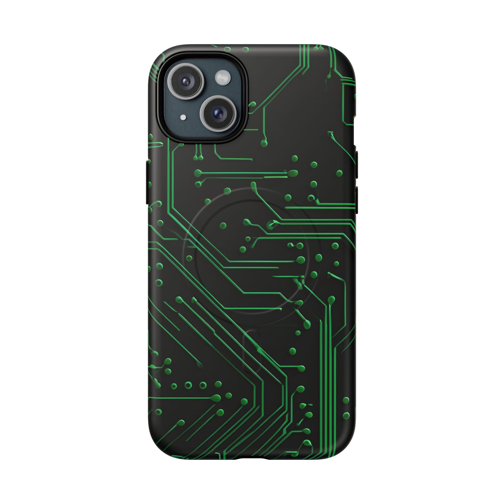 Green Circuit Grid iPhone 15 Plus MagSafe Compatible case- Tech-Inspired Shockproof Cover