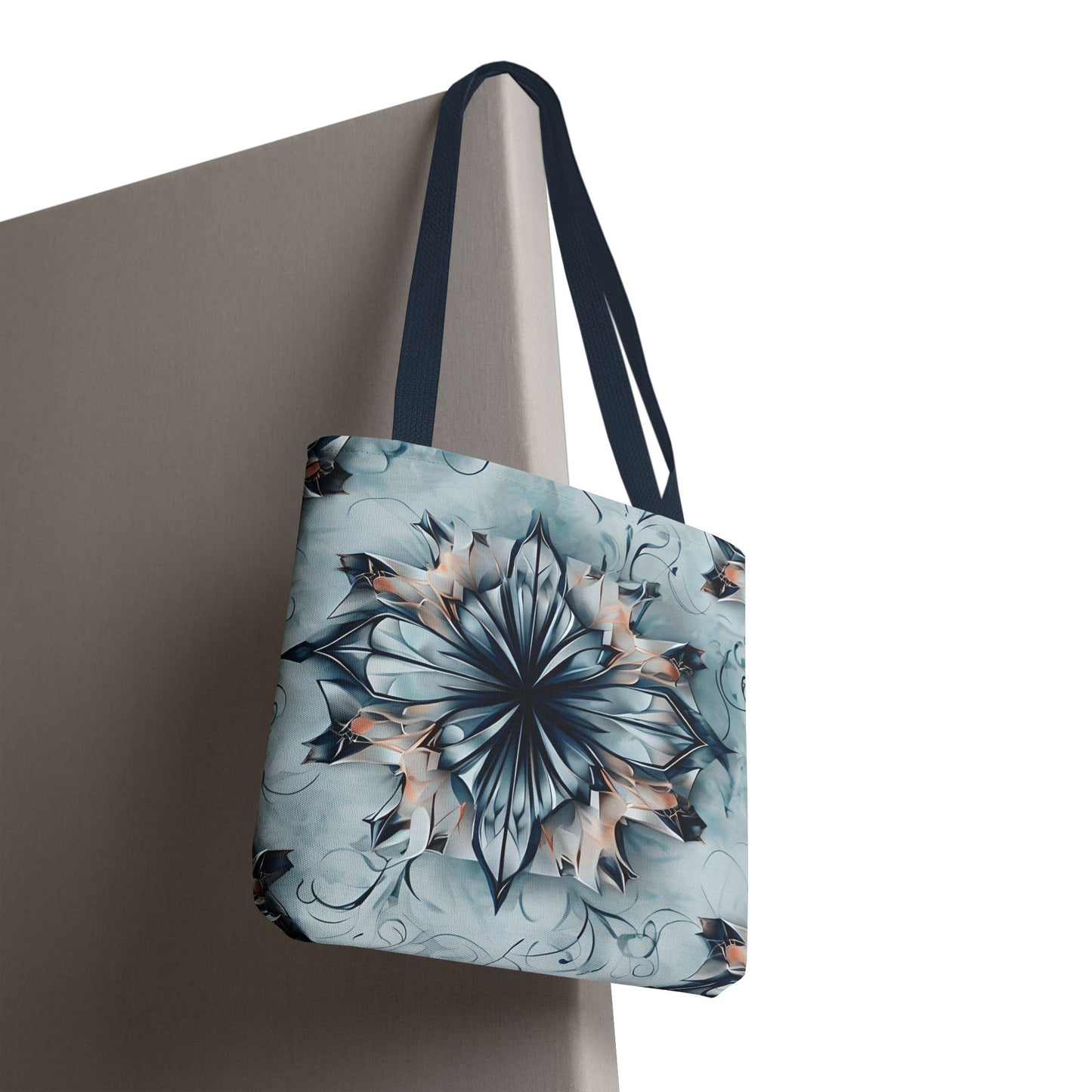 Indigo Mirage canvas tote bag hanging with dreamy blue abstract mirage design