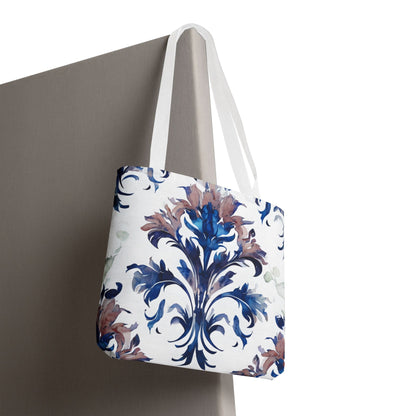 Delft Reverie canvas tote bag hanging with elegant Delft-style floral pattern