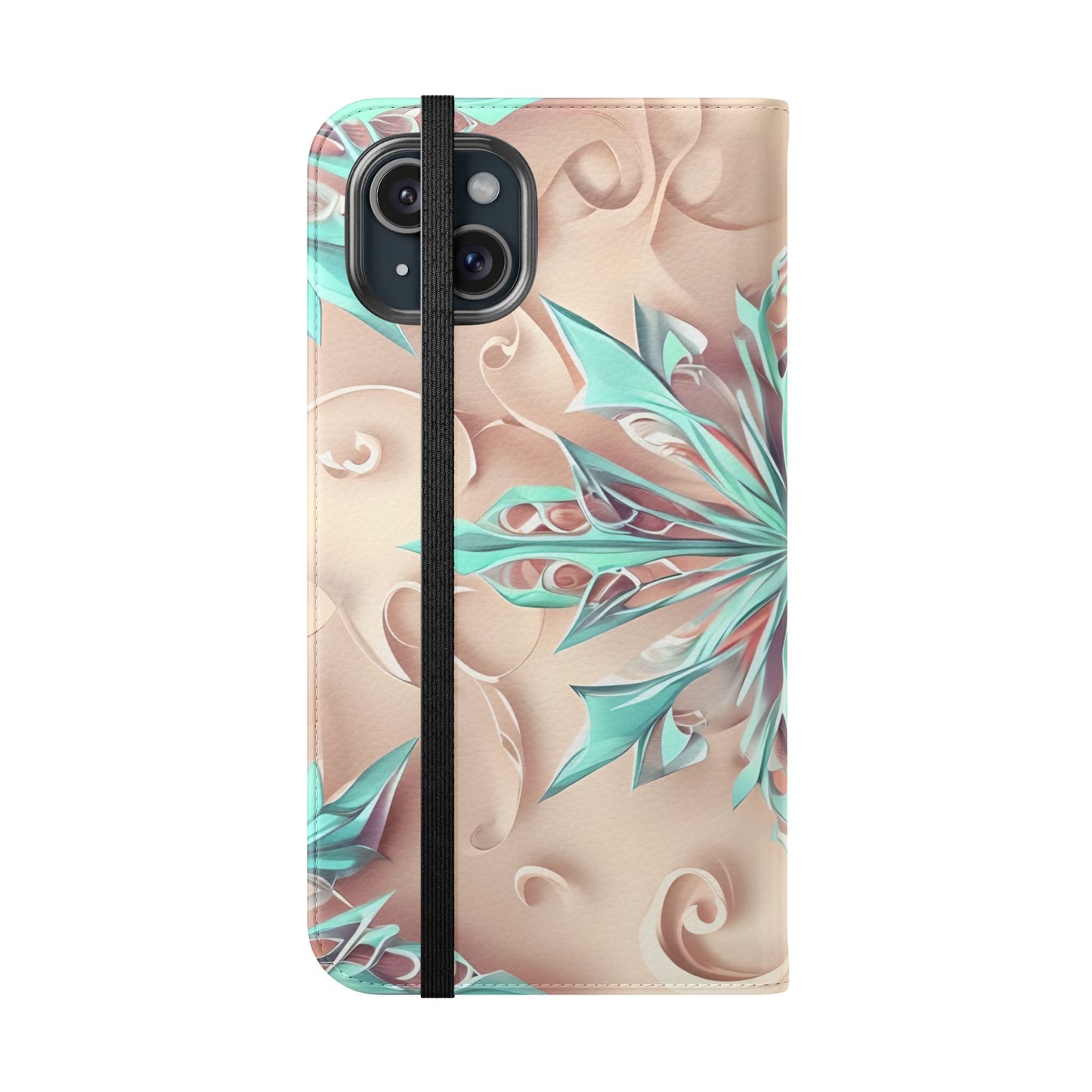 Frosted Petals iPhone Wallet Case - Soft Floral Kaleidoscope Design in Blush & Aqua