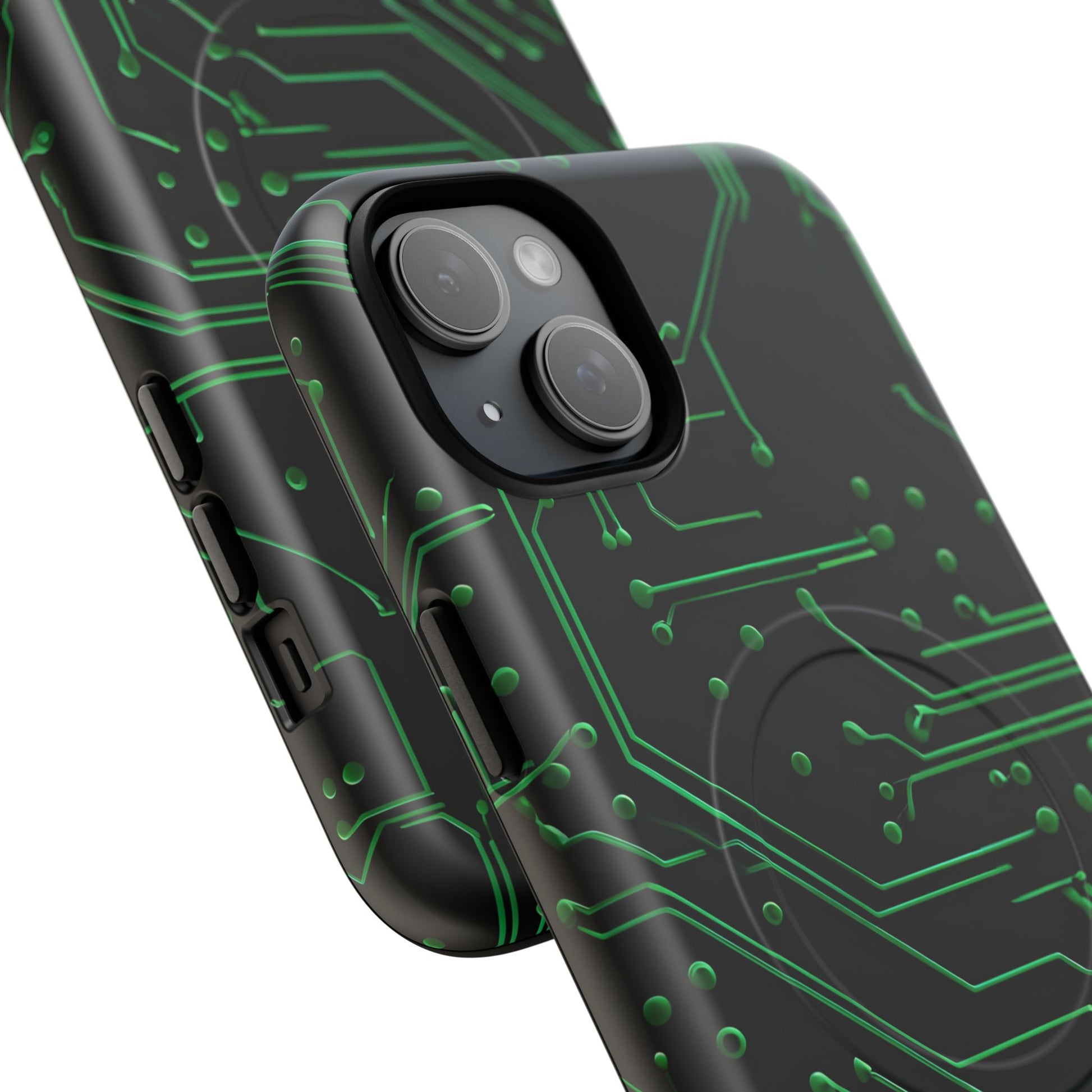 Green Circuit Grid iPhone 15 Plus MagSafe Compatible case- Tech-Inspired Shockproof Cover