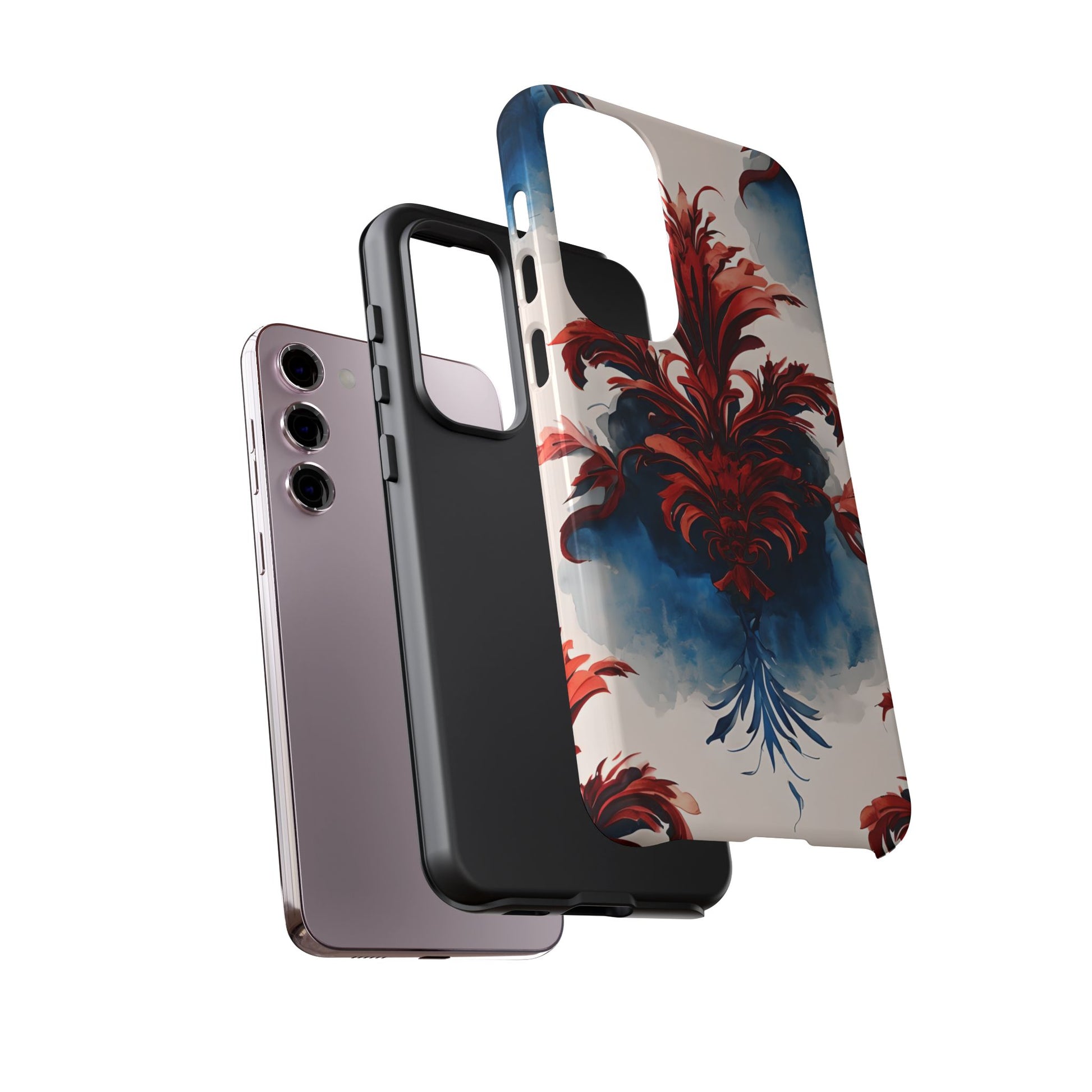 Crimson Plume - Bold Artistic Feather Samsung Galaxy S23 Plus Tough Phone Case - Dramatic Red & Blue Design