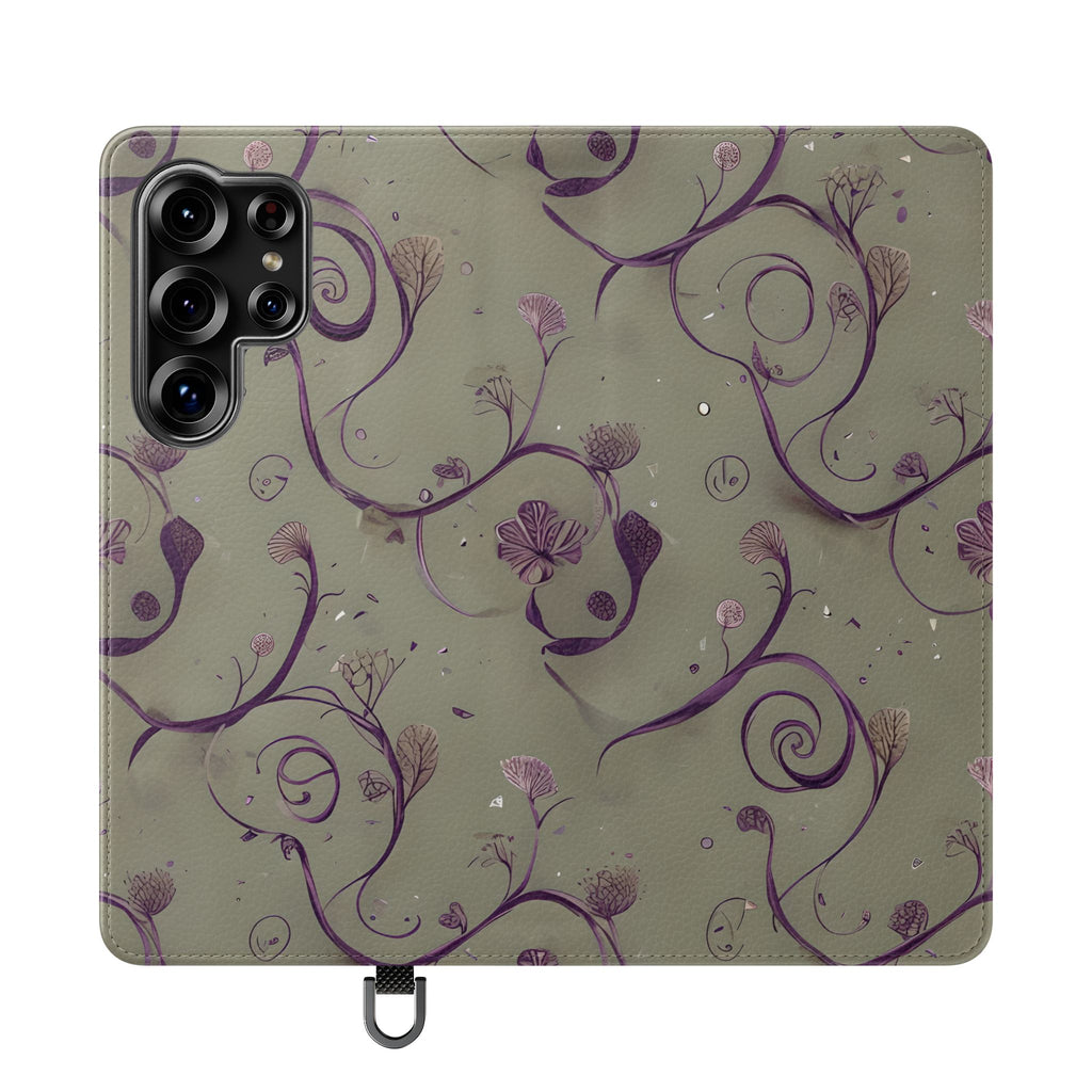 Twilight Thistle Bloom Wallet Phone Case - Elegant Purple Floral Vine Flip Cover for Samsung Galaxy S25 Ultra
