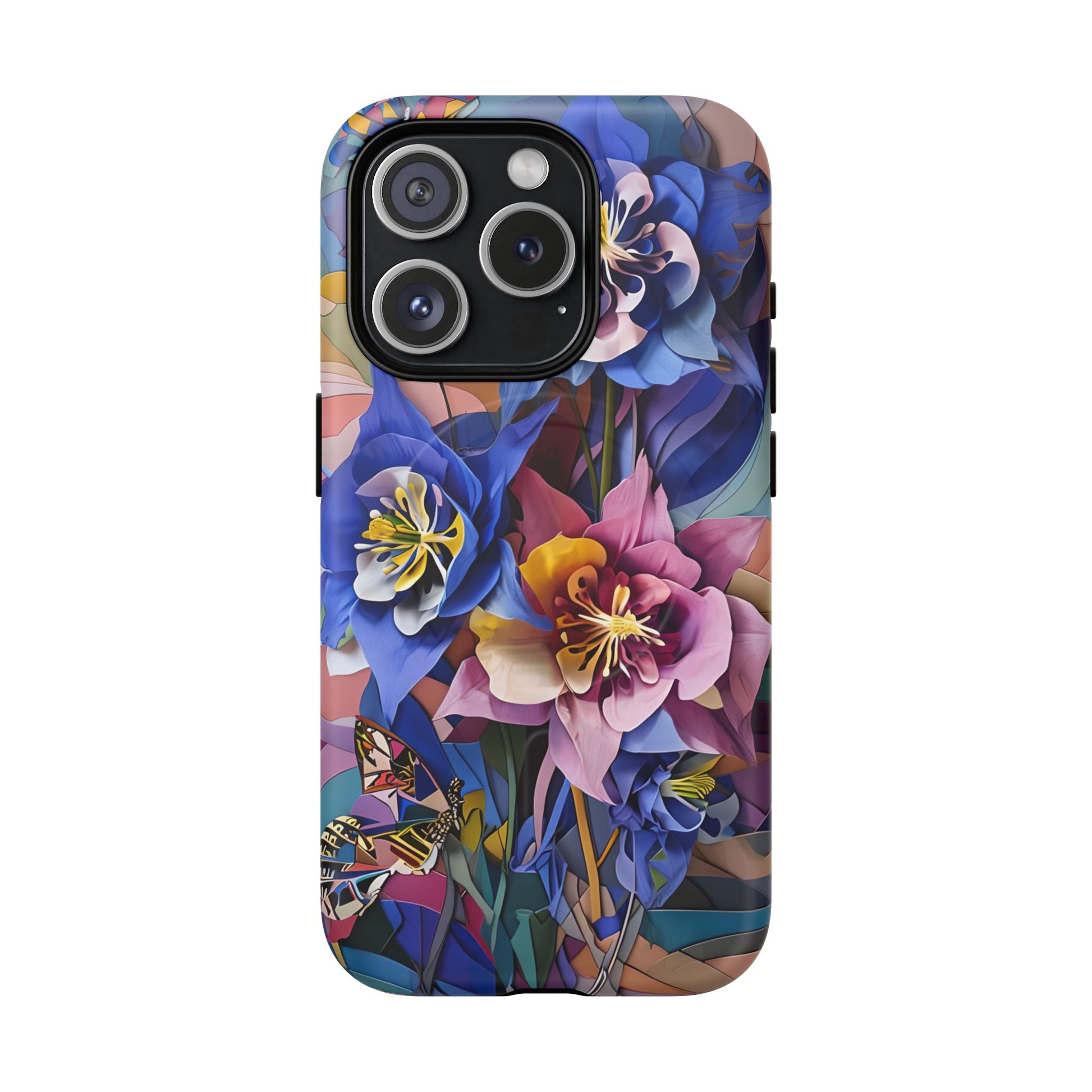 Blue Columbine Carnivale - Artistic Floral & Butterfly iPhone 15 Pro MagSafe Phone Case - Vibrant Botanical Design
